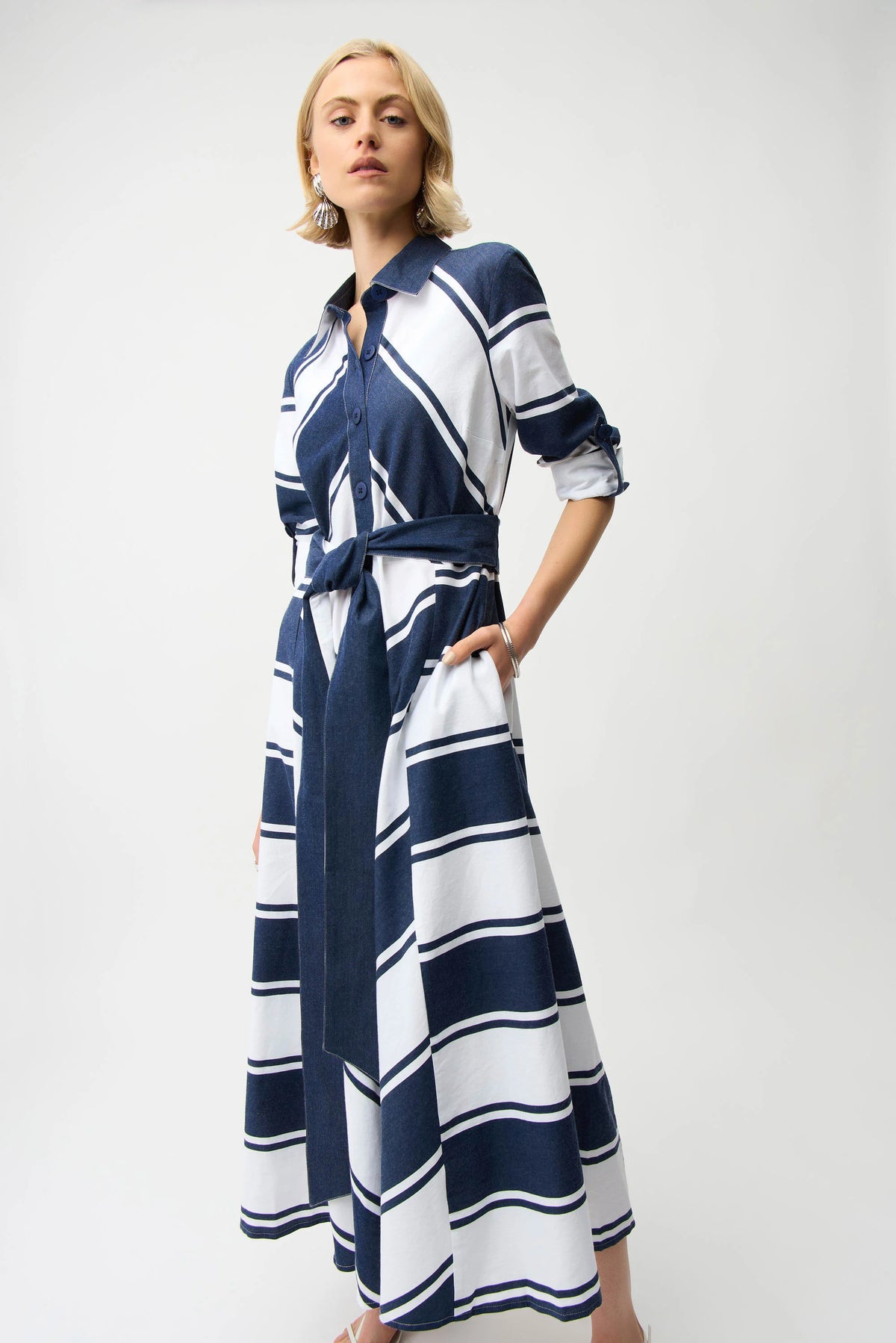 Joseph Ribkoff Cotton Stripe Print Fit and Flare Shirt Dress with Reversible Sash