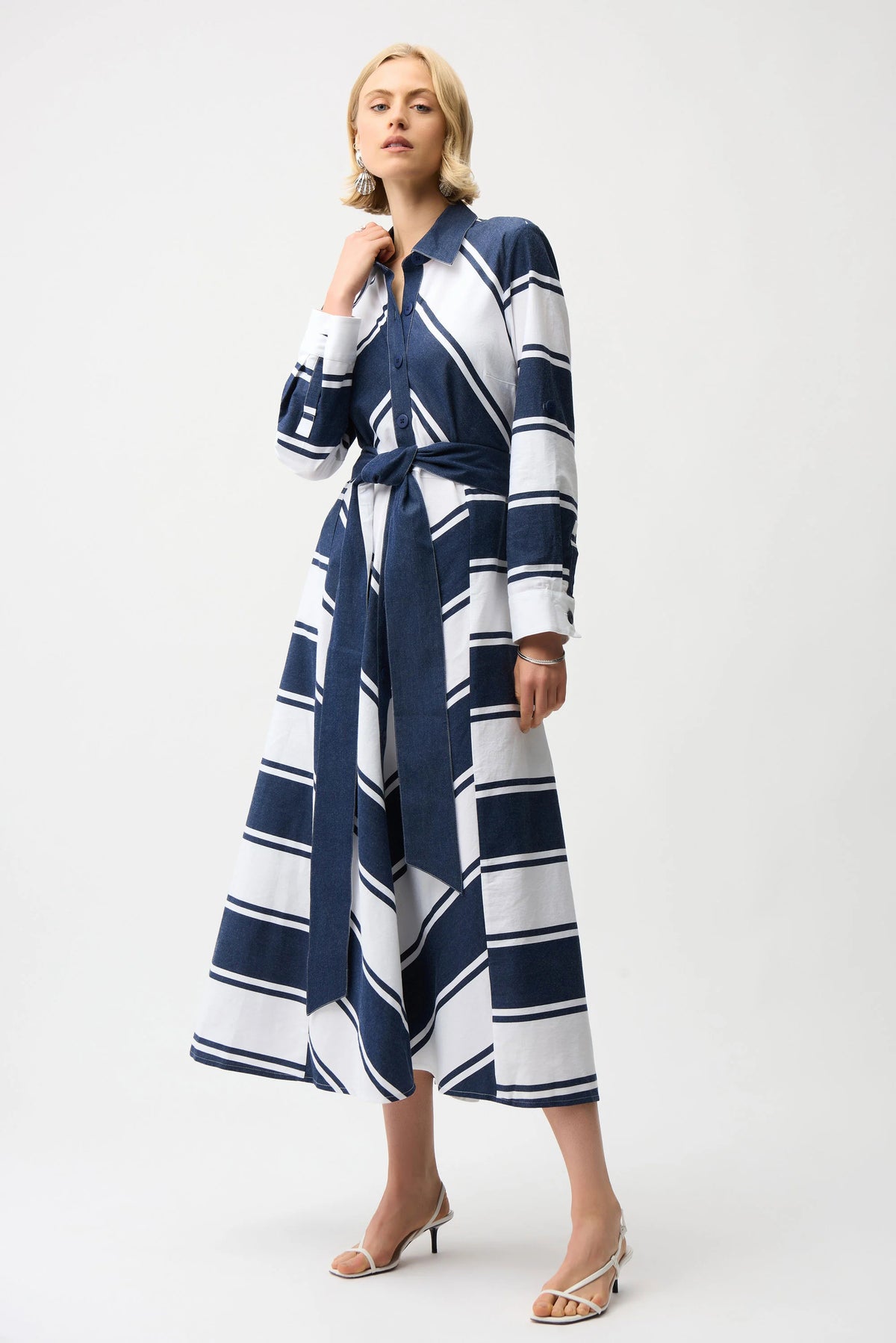 Joseph Ribkoff Cotton Stripe Print Fit and Flare Shirt Dress with Reversible Sash