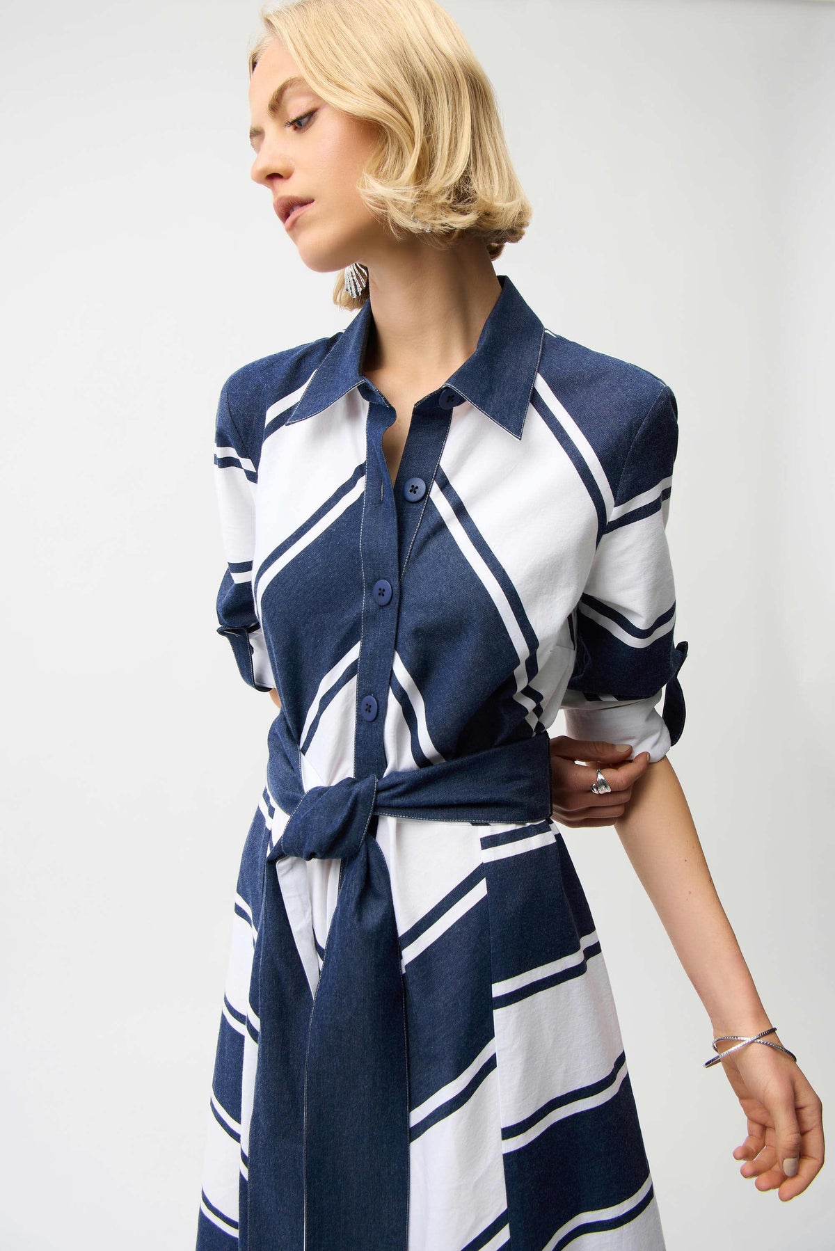 Joseph Ribkoff Cotton Stripe Print Fit and Flare Shirt Dress with Reversible Sash