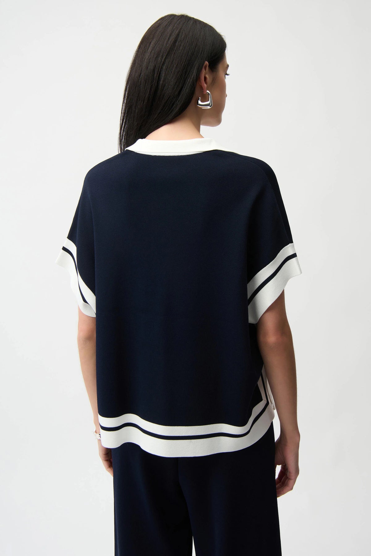 Joseph Ribkoff Midnight Blue/Vanilla Viscose Blend Boxy Sweater With Stripe Detail