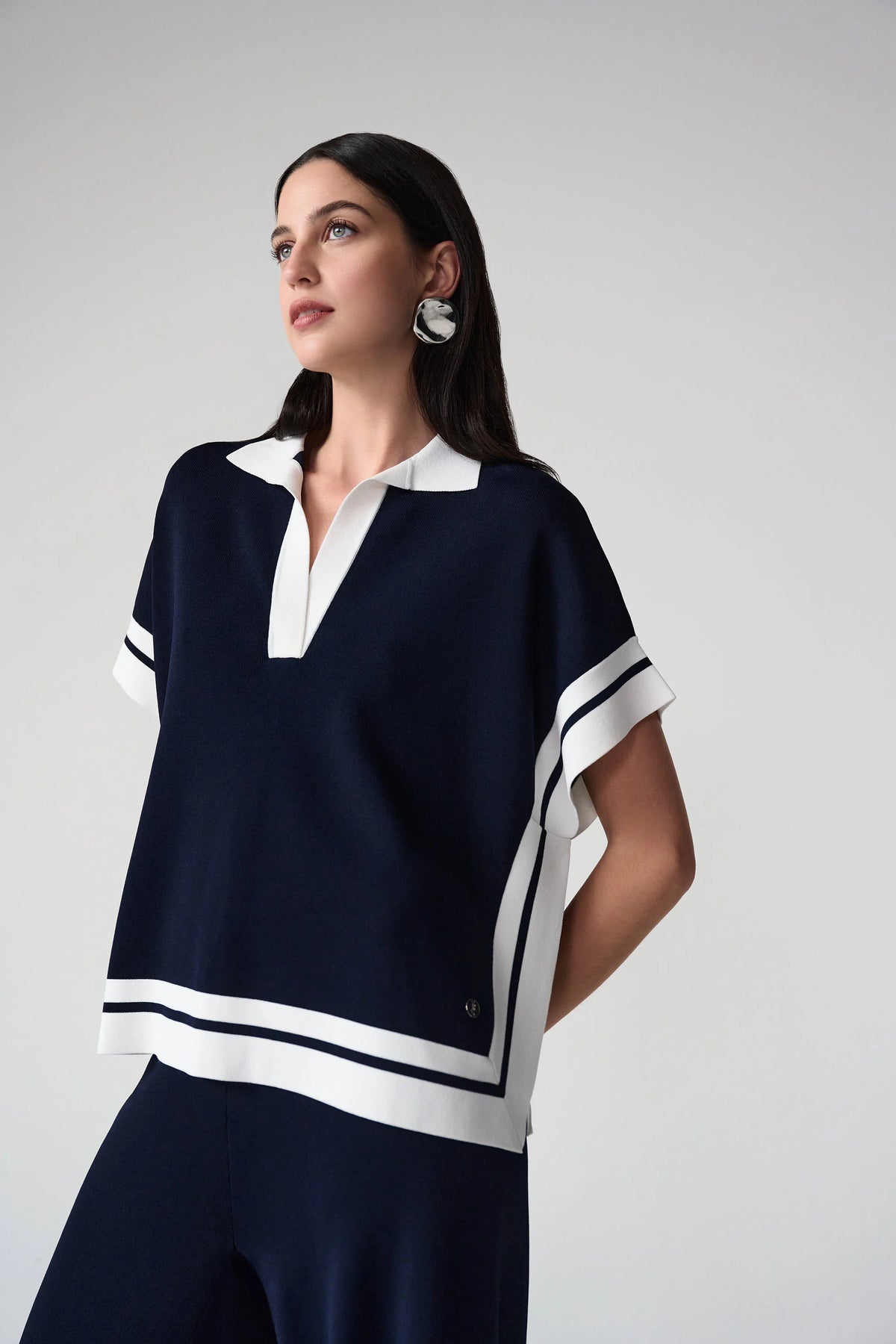 Joseph Ribkoff Midnight Blue/Vanilla Viscose Blend Boxy Sweater With Stripe Detail