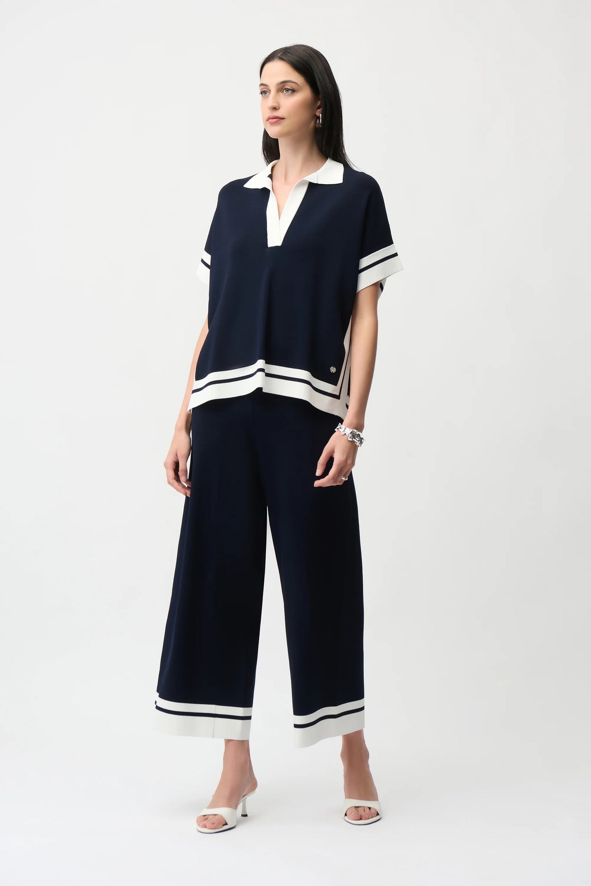 Joseph Ribkoff Midnight Blue/Vanilla Viscose Blend Culotte pants With Stripe Detail