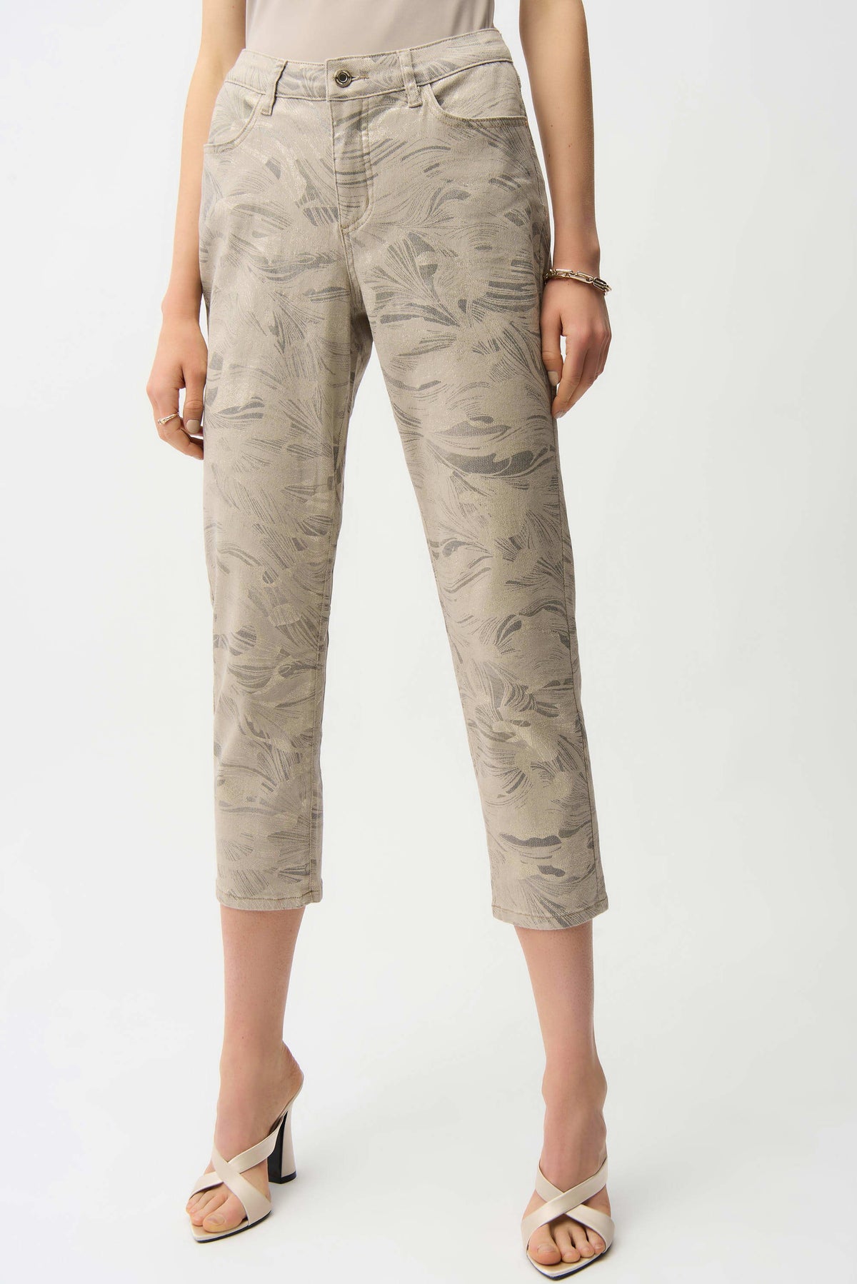 Joseph Ribkoff Taupe/Gold Metallic Abstract Print Slim Crop Jeans