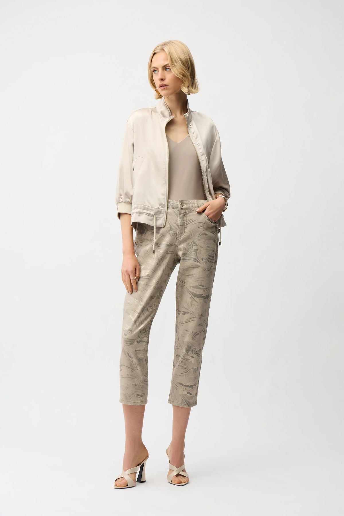 Joseph Ribkoff Taupe/Gold Metallic Abstract Print Slim Crop Jeans