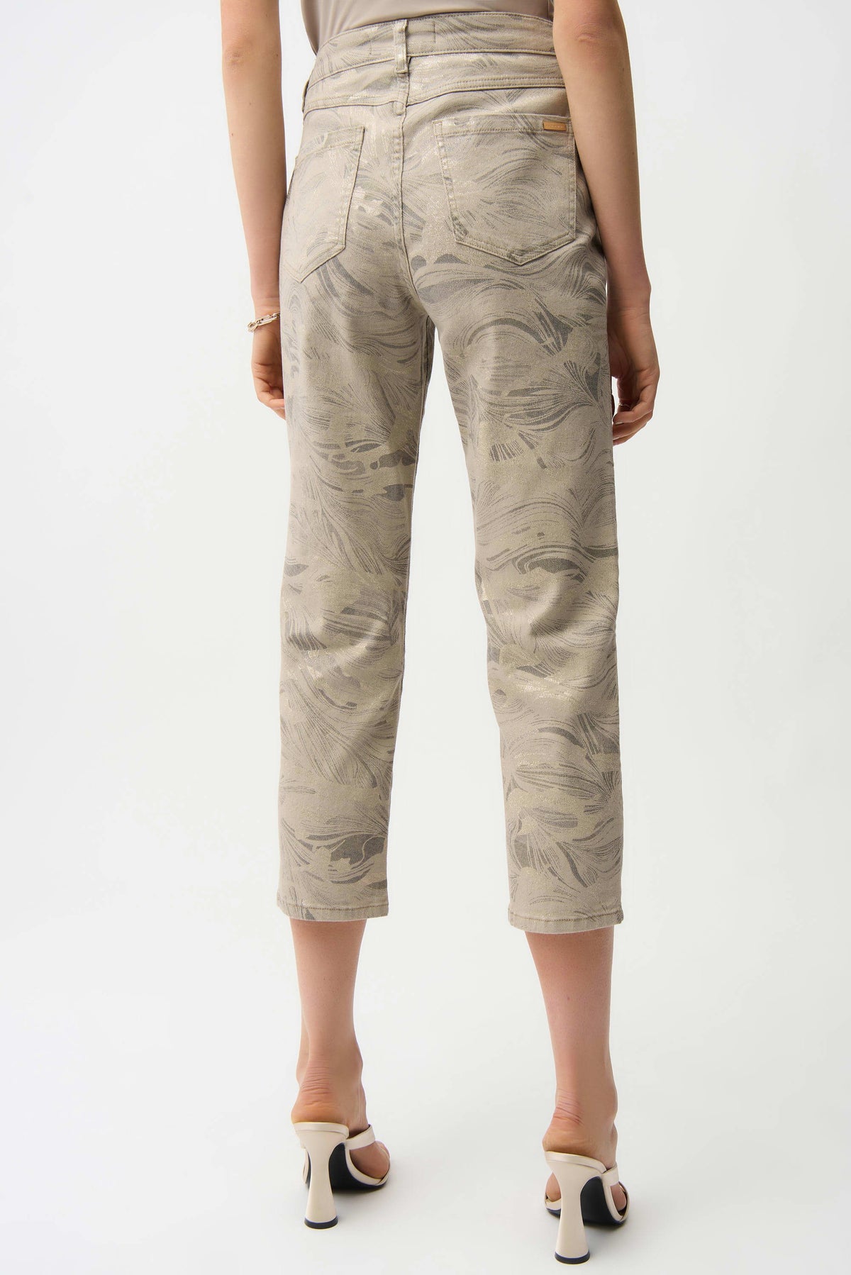 Joseph Ribkoff Taupe/Gold Metallic Abstract Print Slim Crop Jeans