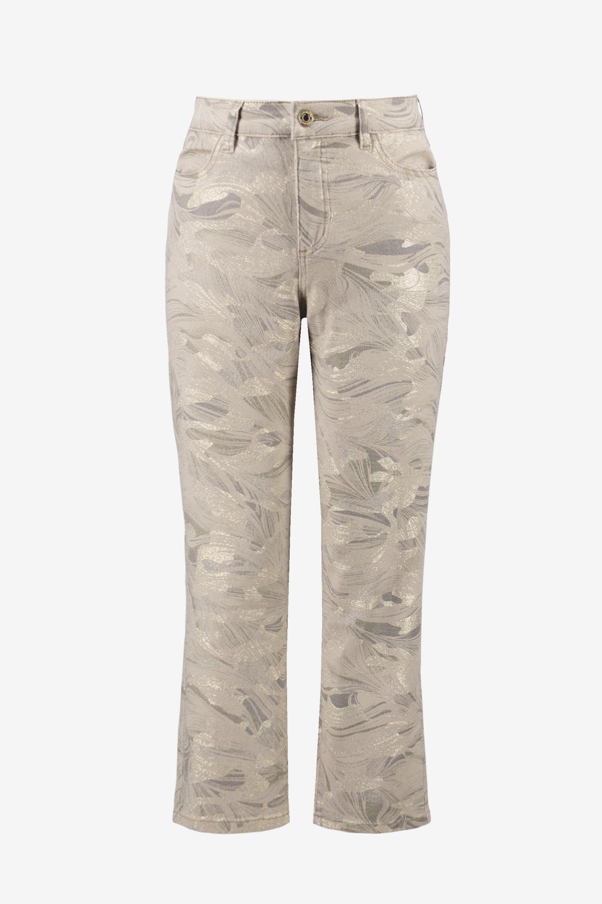 Joseph Ribkoff Taupe/Gold Metallic Abstract Print Slim Crop Jeans