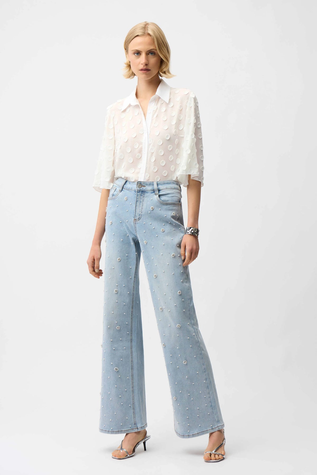 Joseph Ribkoff Wide Leg Jeans With Pearl and Rhinestones