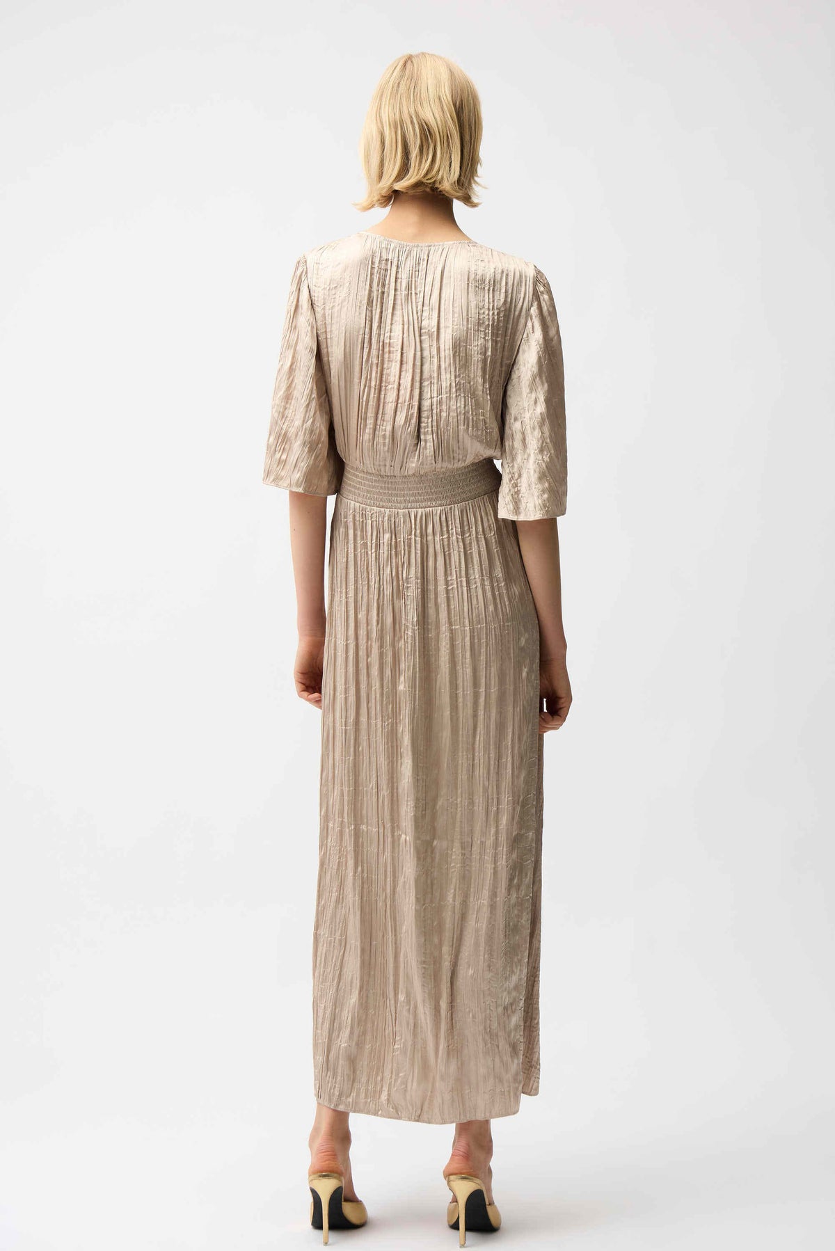 Joseph Ribkoff Parchment Satin Fit and Flare Pleated Dress with Knot Waist Detail