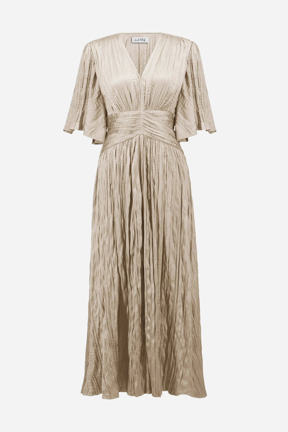 Joseph Ribkoff Parchment Satin Fit and Flare Pleated Dress with Knot Waist Detail