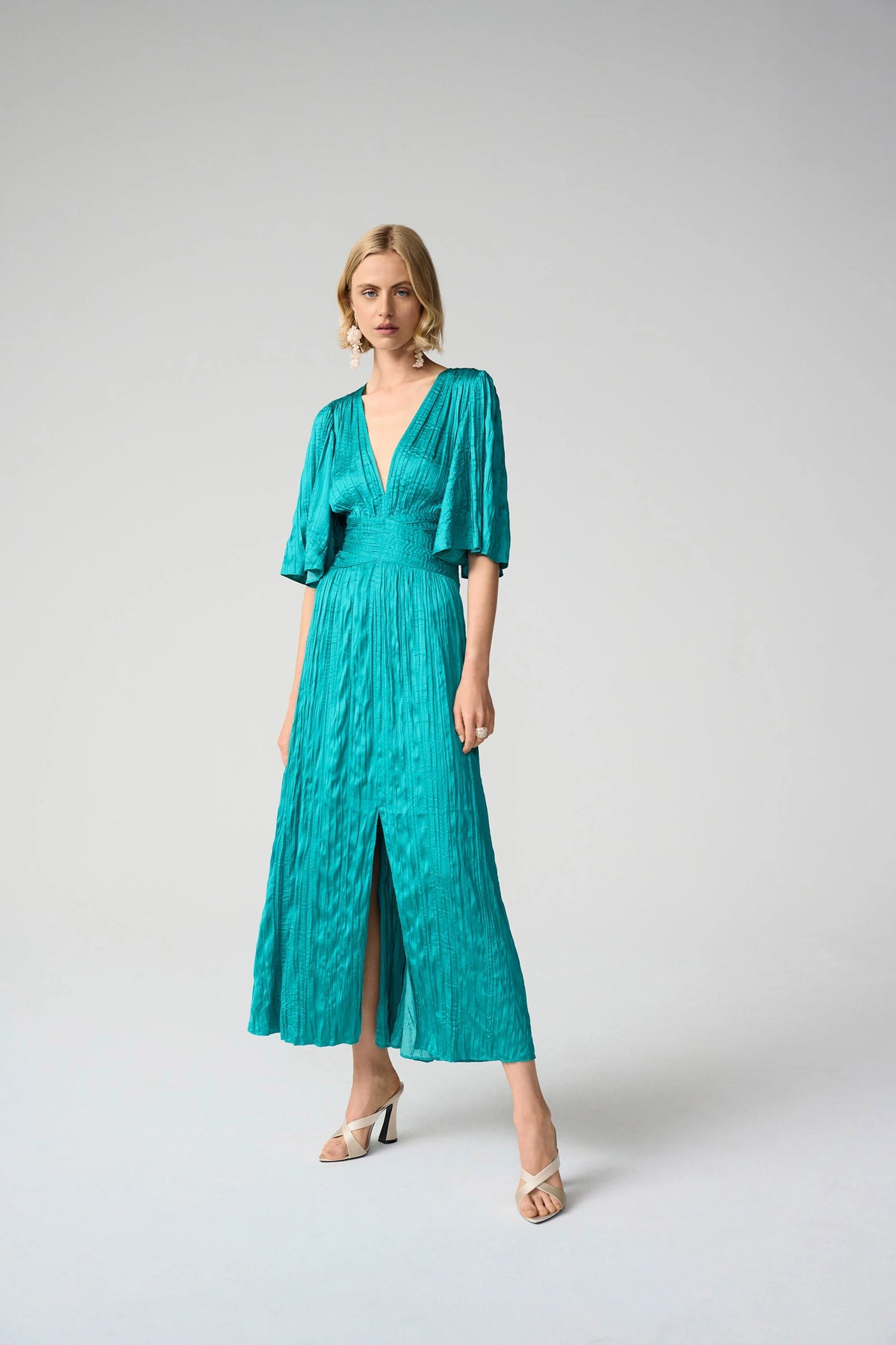 Joseph Ribkoff Oceanic Satin Fit and Flare Pleated Dress with Knot Waist Detail