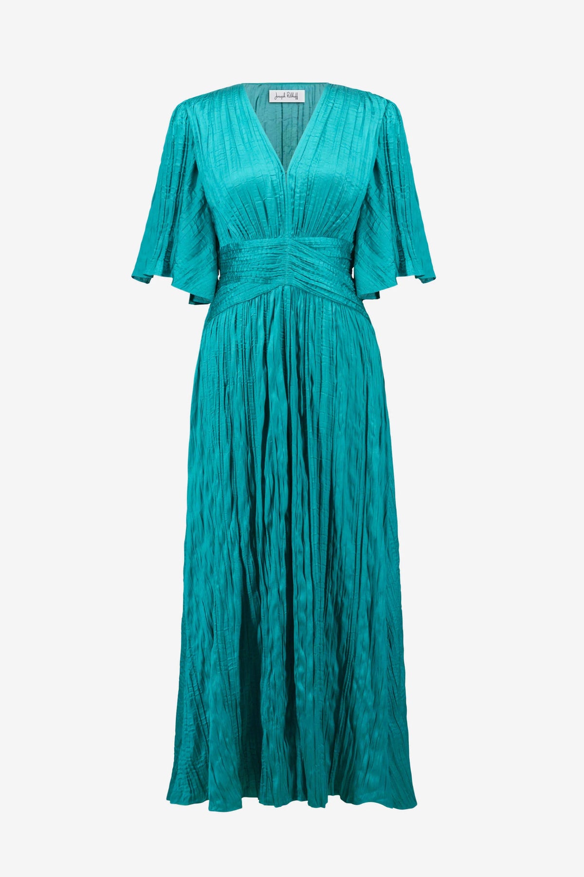 Joseph Ribkoff Oceanic Satin Fit and Flare Pleated Dress with Knot Waist Detail