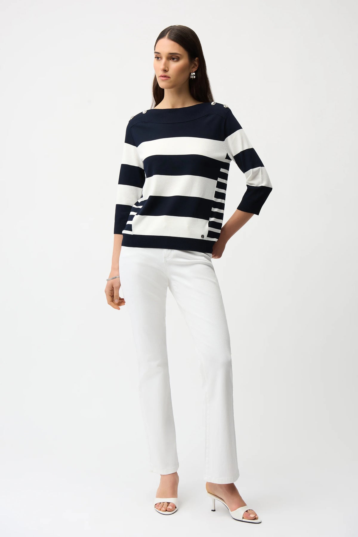 Joseph Ribkoff Midnight Blue/Vanilla Viscose Blend Stripe Print Long Sleeve Sweater with Boat Neckline