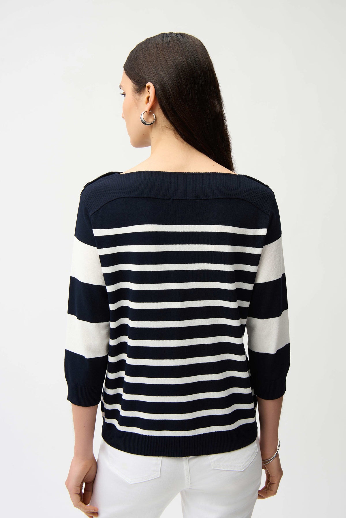 Joseph Ribkoff Midnight Blue/Vanilla Viscose Blend Stripe Print Long Sleeve Sweater with Boat Neckline