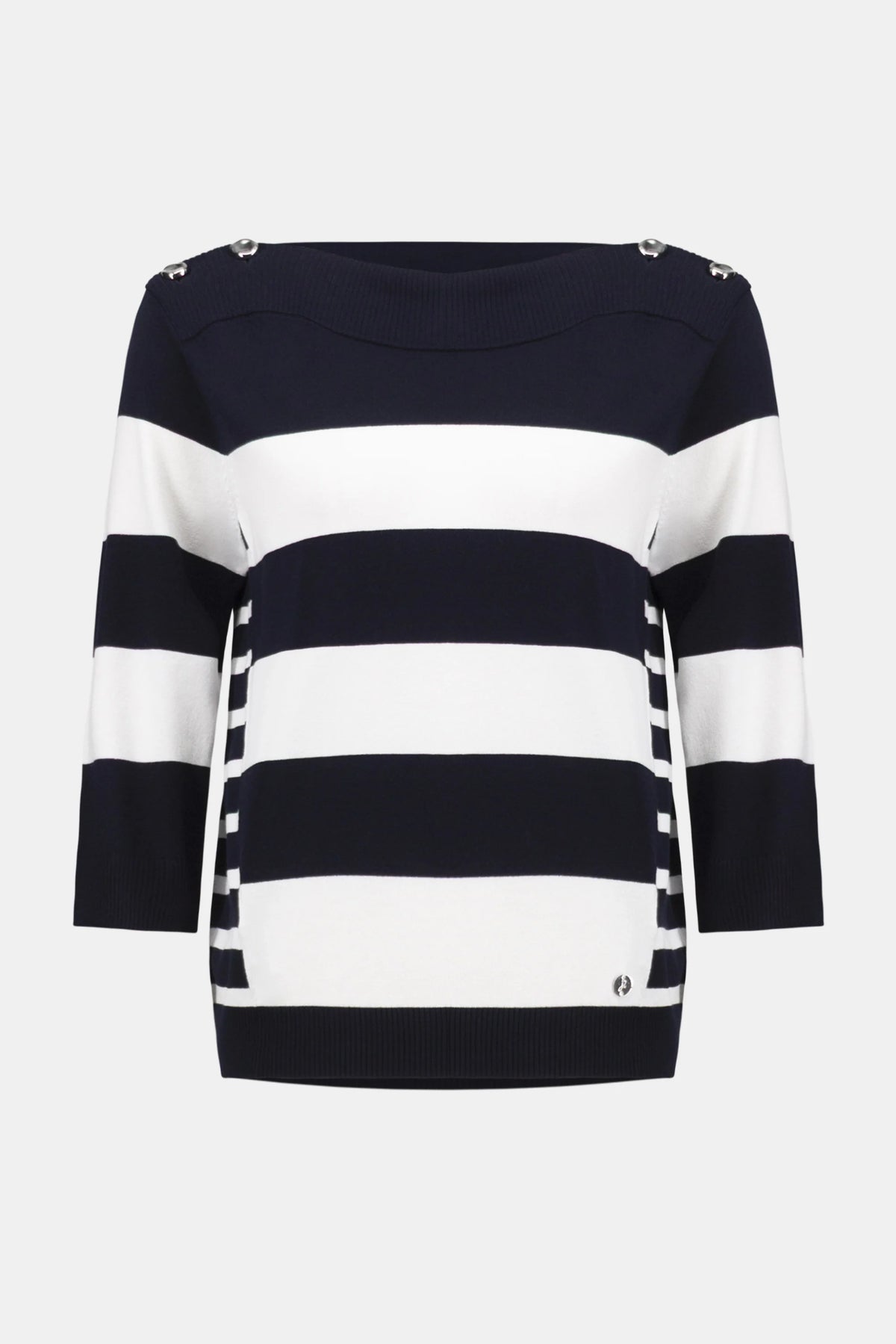 Joseph Ribkoff Midnight Blue/Vanilla Viscose Blend Stripe Print Long Sleeve Sweater with Boat Neckline