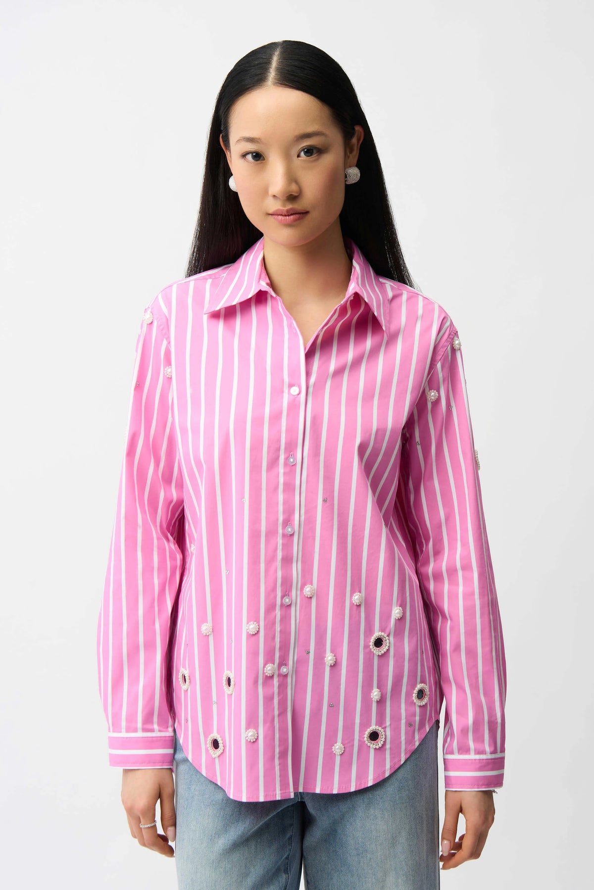 Joseph Ribkoff Pink Sherbett/Vanilla Stretch Cotton Stripe Print Boxy Blouse With Rhinestones