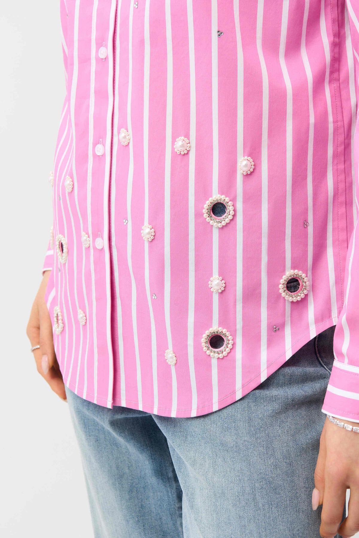 Joseph Ribkoff Pink Sherbett/Vanilla Stretch Cotton Stripe Print Boxy Blouse With Rhinestones