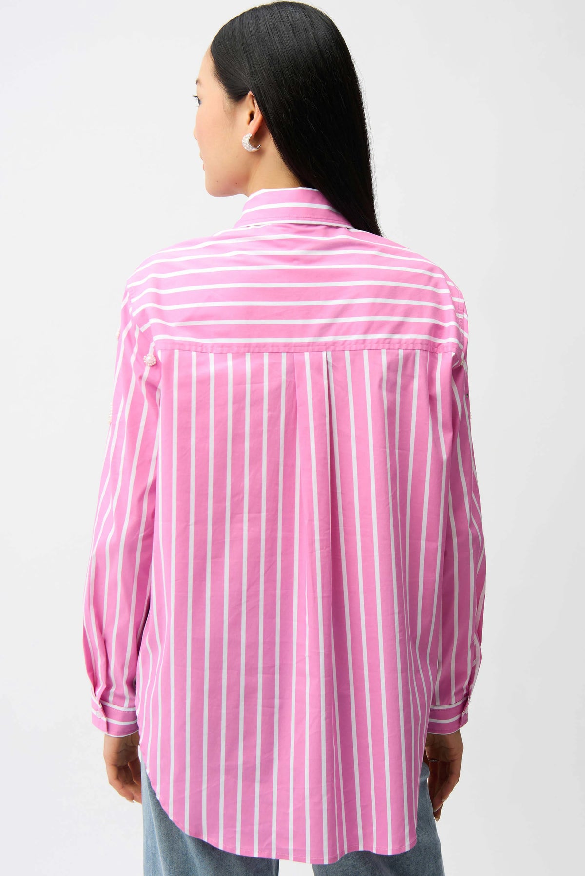 Joseph Ribkoff Pink Sherbett/Vanilla Stretch Cotton Stripe Print Boxy Blouse With Rhinestones