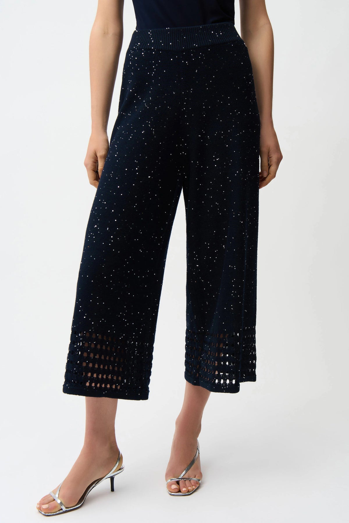 Joseph Ribkoff Midnight Blue Sequins Yarn Culotte Pants With Open Stitch Border