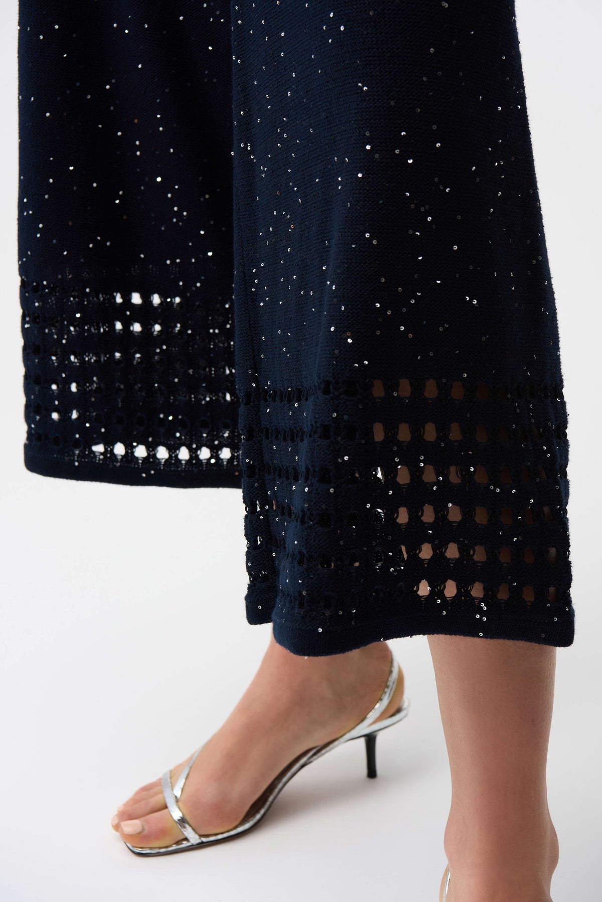 Joseph Ribkoff Midnight Blue Sequins Yarn Culotte Pants With Open Stitch Border