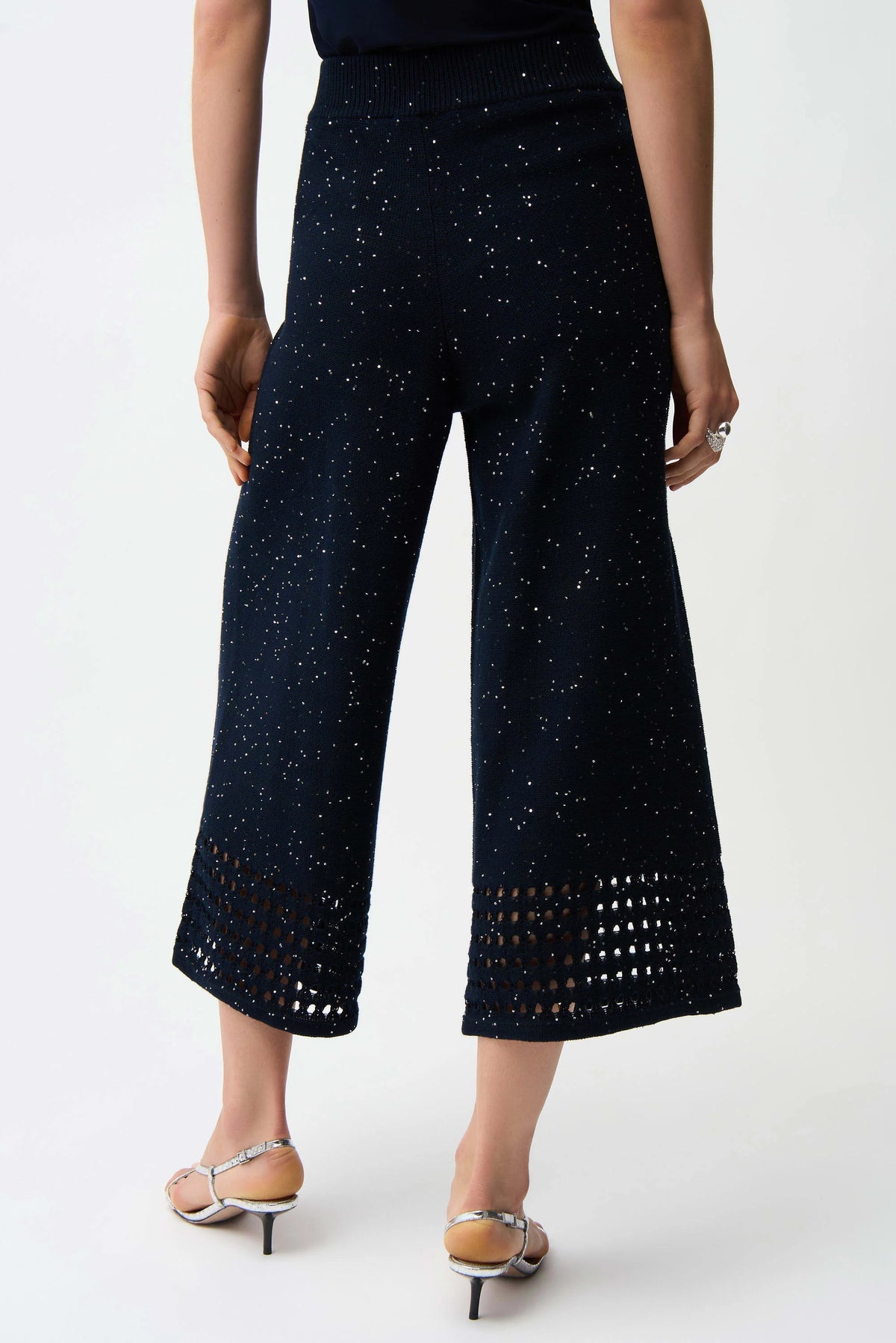 Joseph Ribkoff Midnight Blue Sequins Yarn Culotte Pants With Open Stitch Border