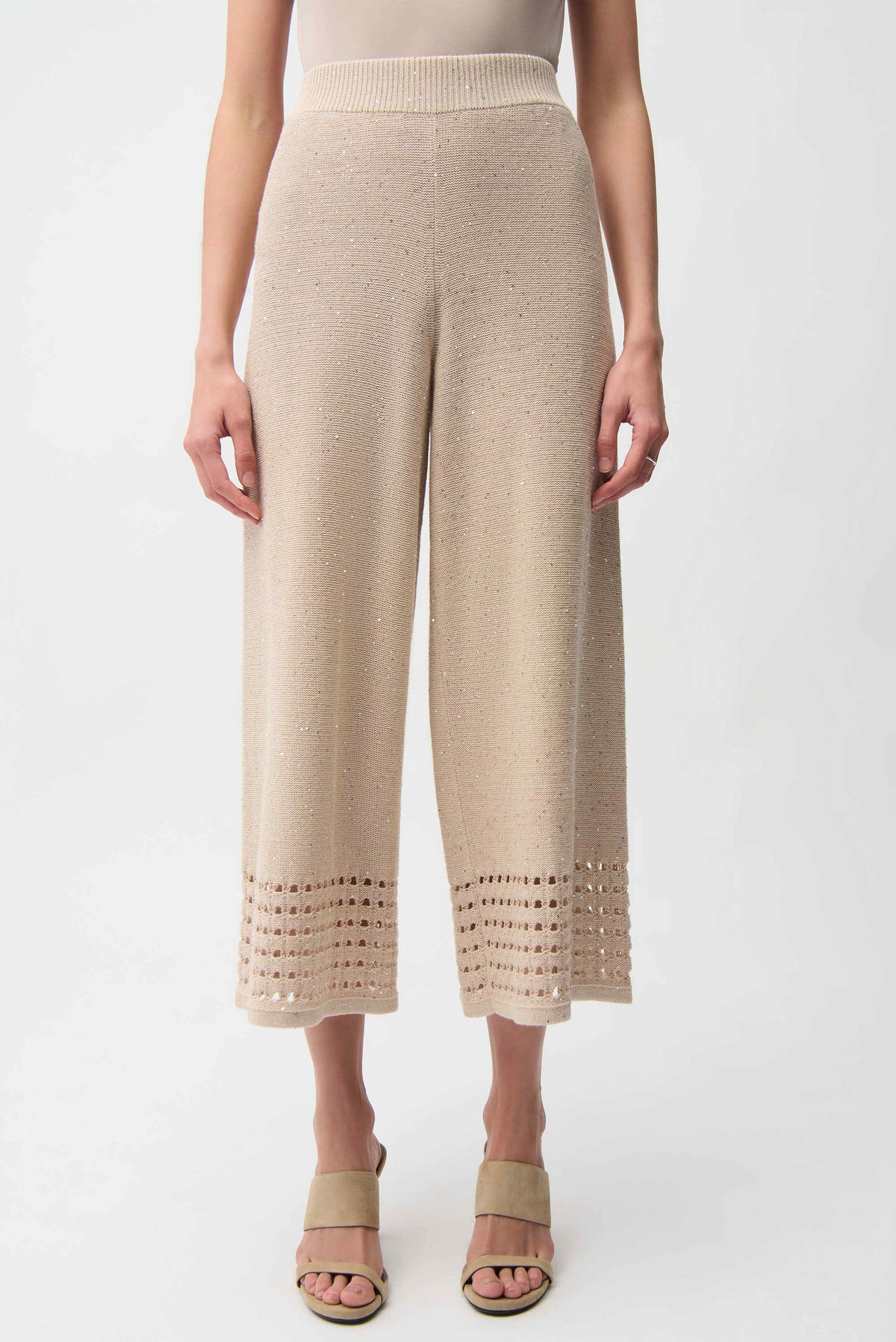 Joseph Ribkoff Parchment Sequins Yarn Culotte Pants With Open Stitch Border