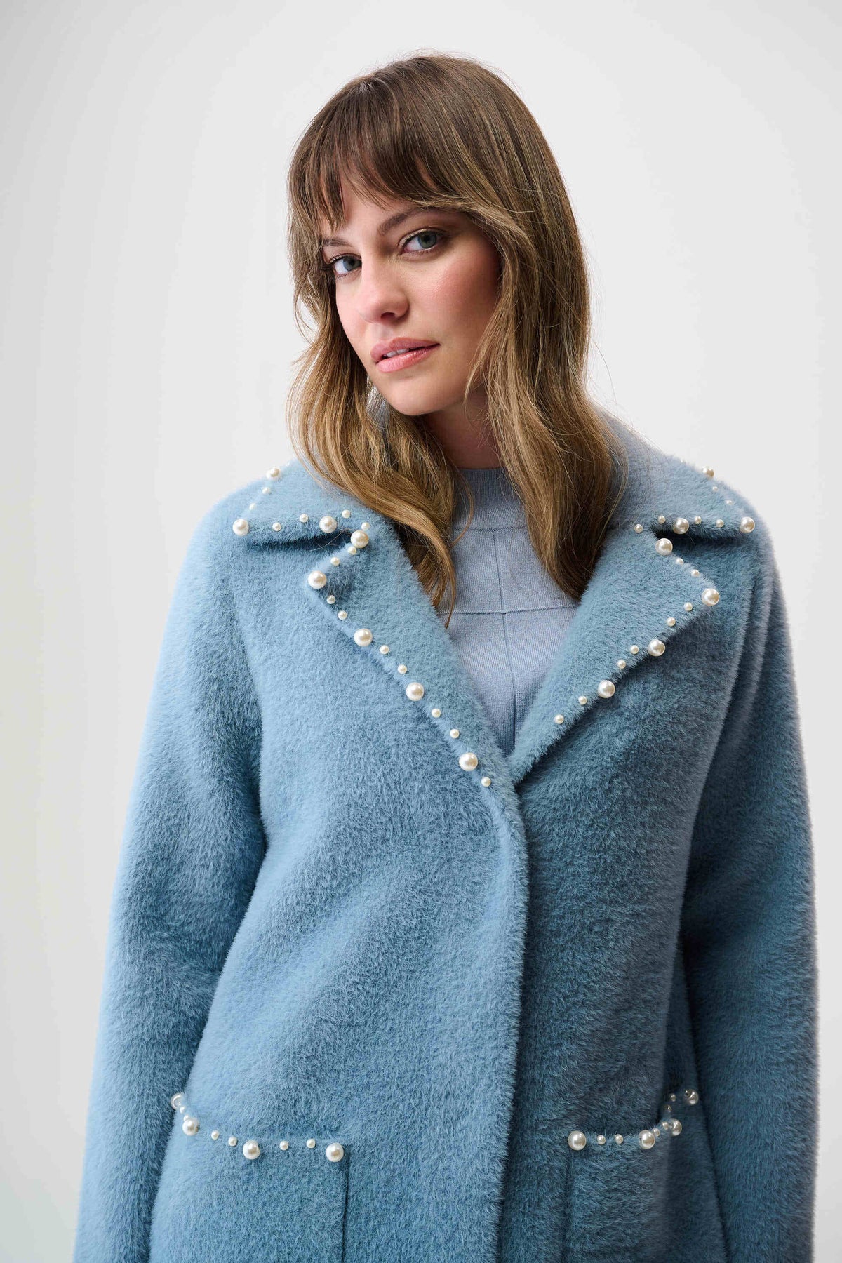Joseph Ribkoff Chambray Feather Yarn Sweater Coat with Pearl Trim