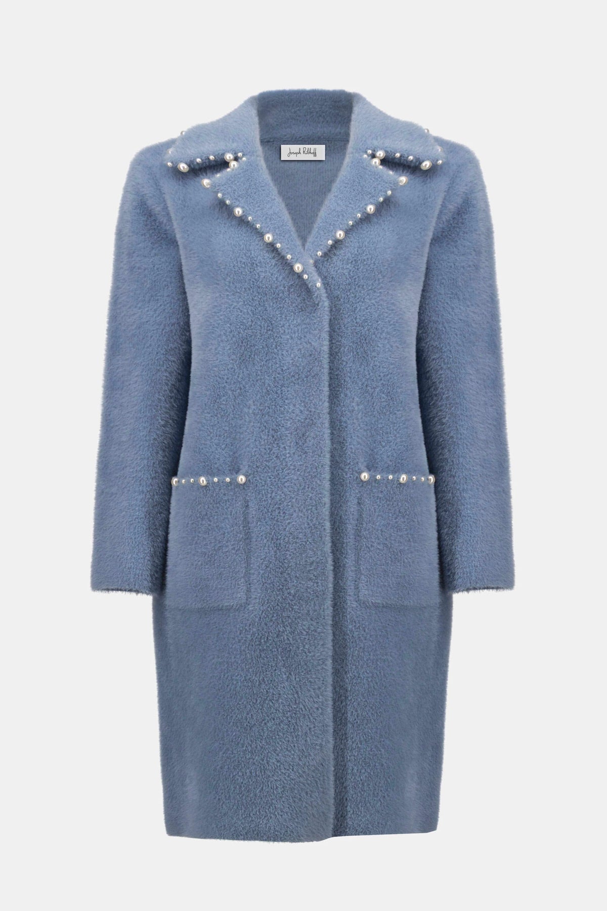 Joseph Ribkoff Chambray Feather Yarn Sweater Coat with Pearl Trim