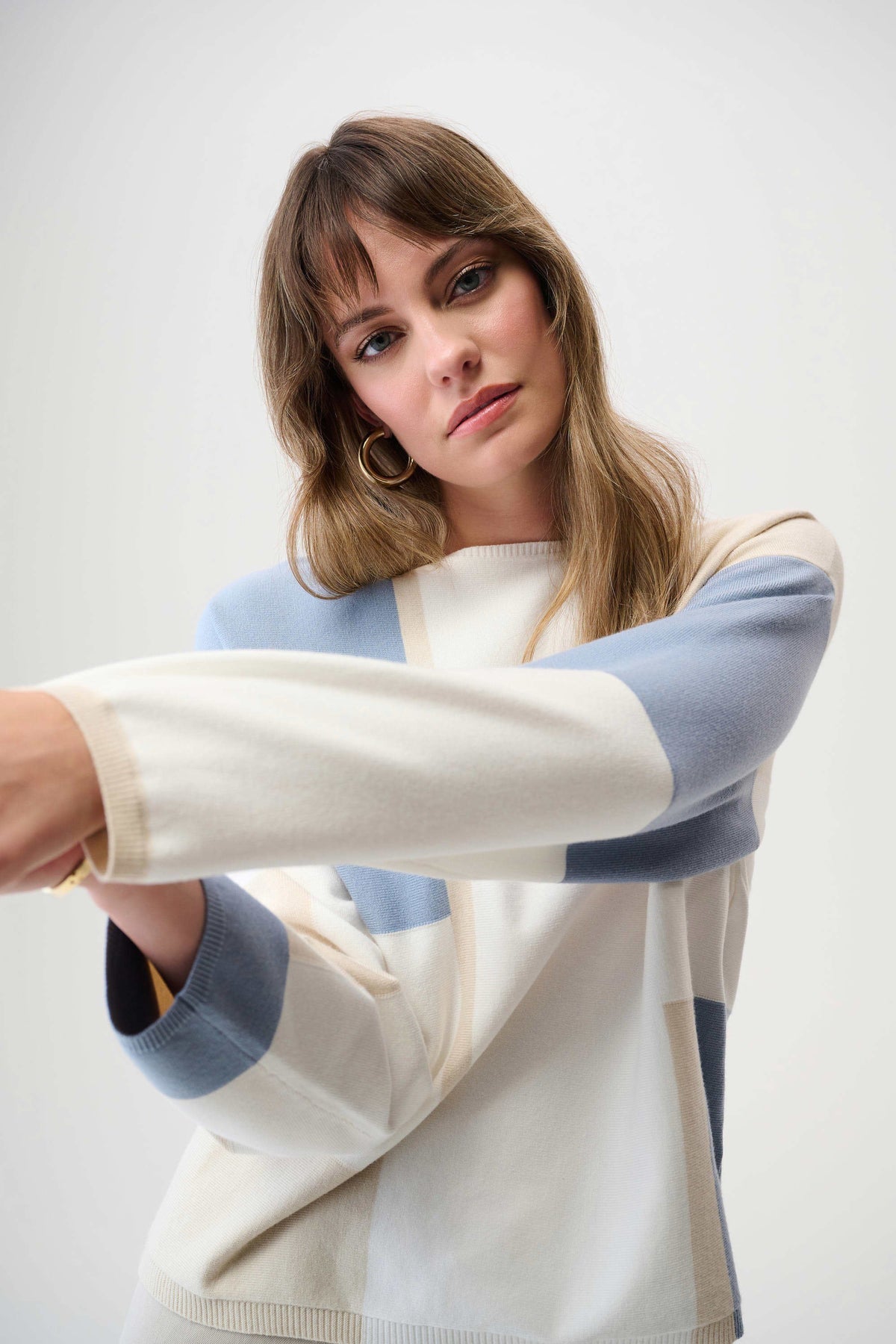 Joseph Ribkoff Winter White/Chambray Brushed Viscose Yarn Color Block Sweater