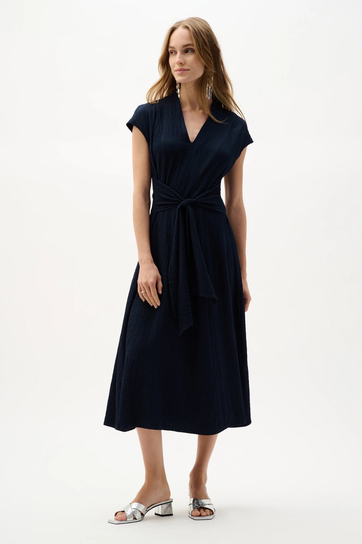 Joseph Ribkoff Midnight Blue Woven Seersucker Fit And Flare Dress