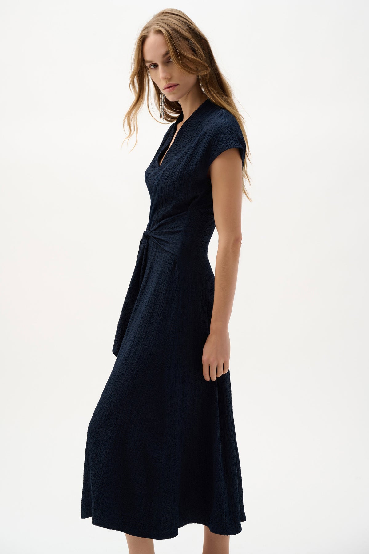 Joseph Ribkoff Midnight Blue Woven Seersucker Fit And Flare Dress