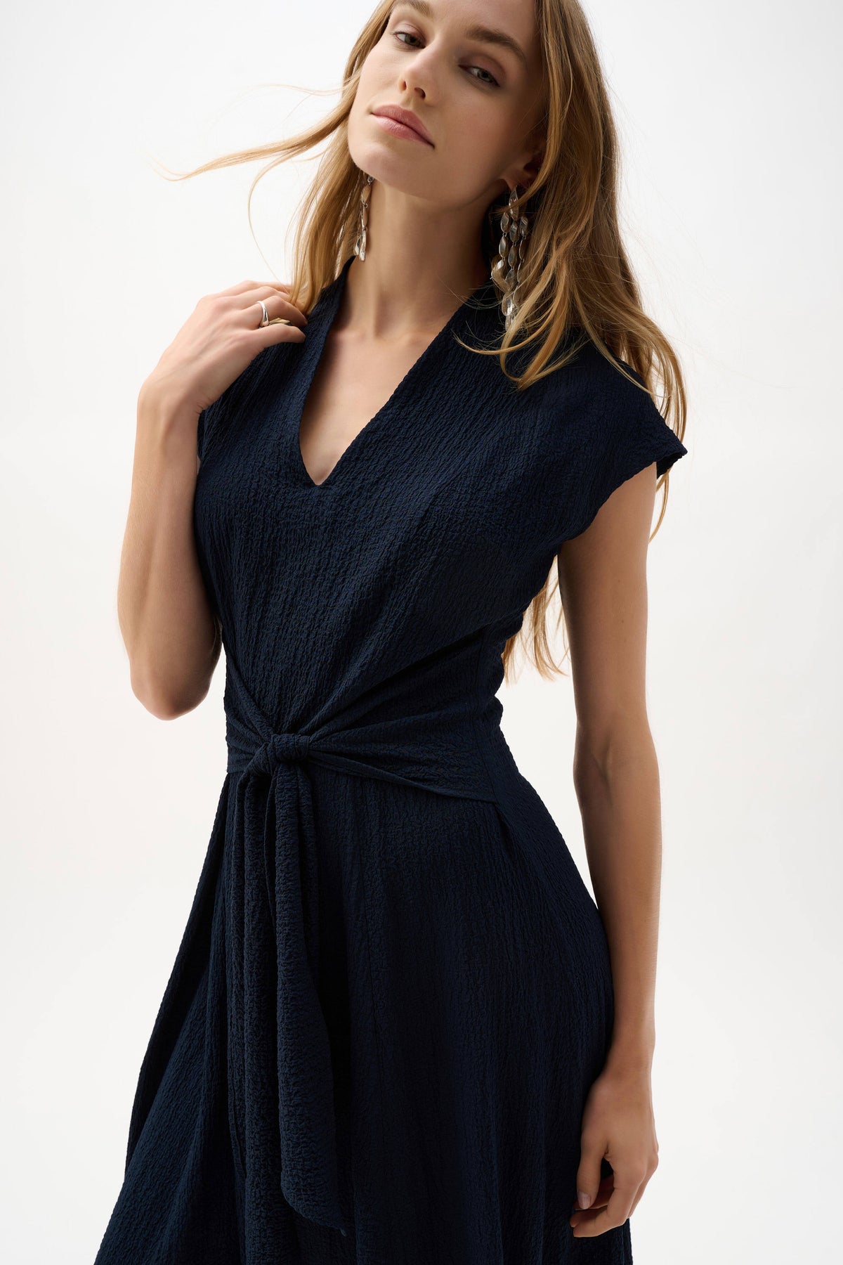 Joseph Ribkoff Midnight Blue Woven Seersucker Fit And Flare Dress