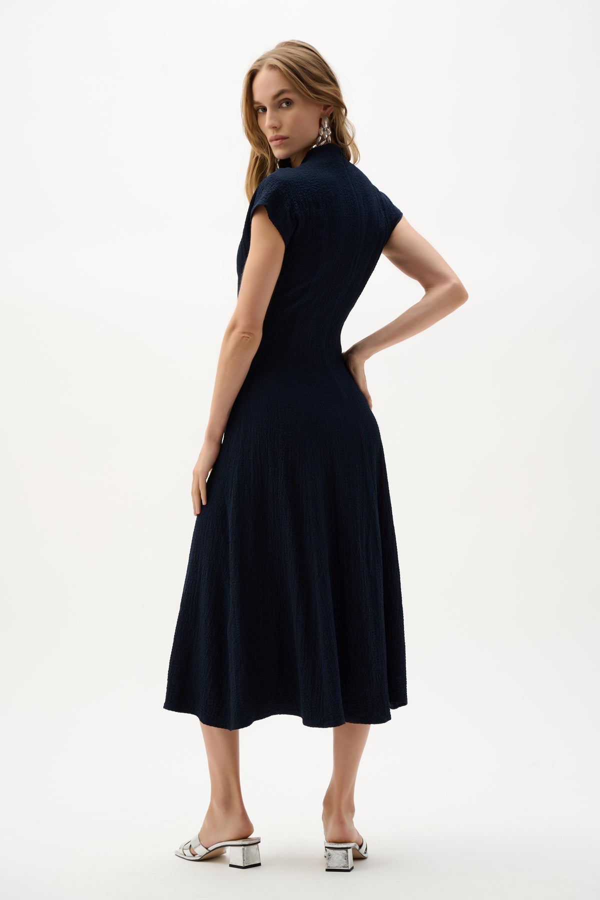 Joseph Ribkoff Midnight Blue Woven Seersucker Fit And Flare Dress