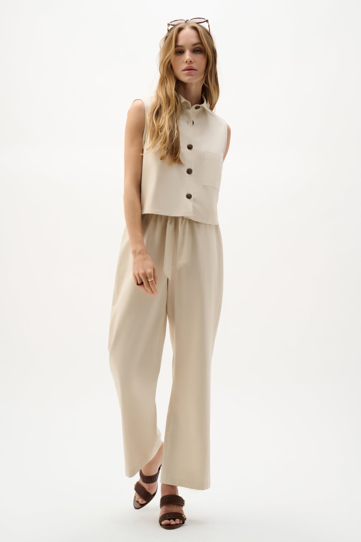 Joseph Ribkoff Natural Linen Woven Pull-On Wide Leg Pants