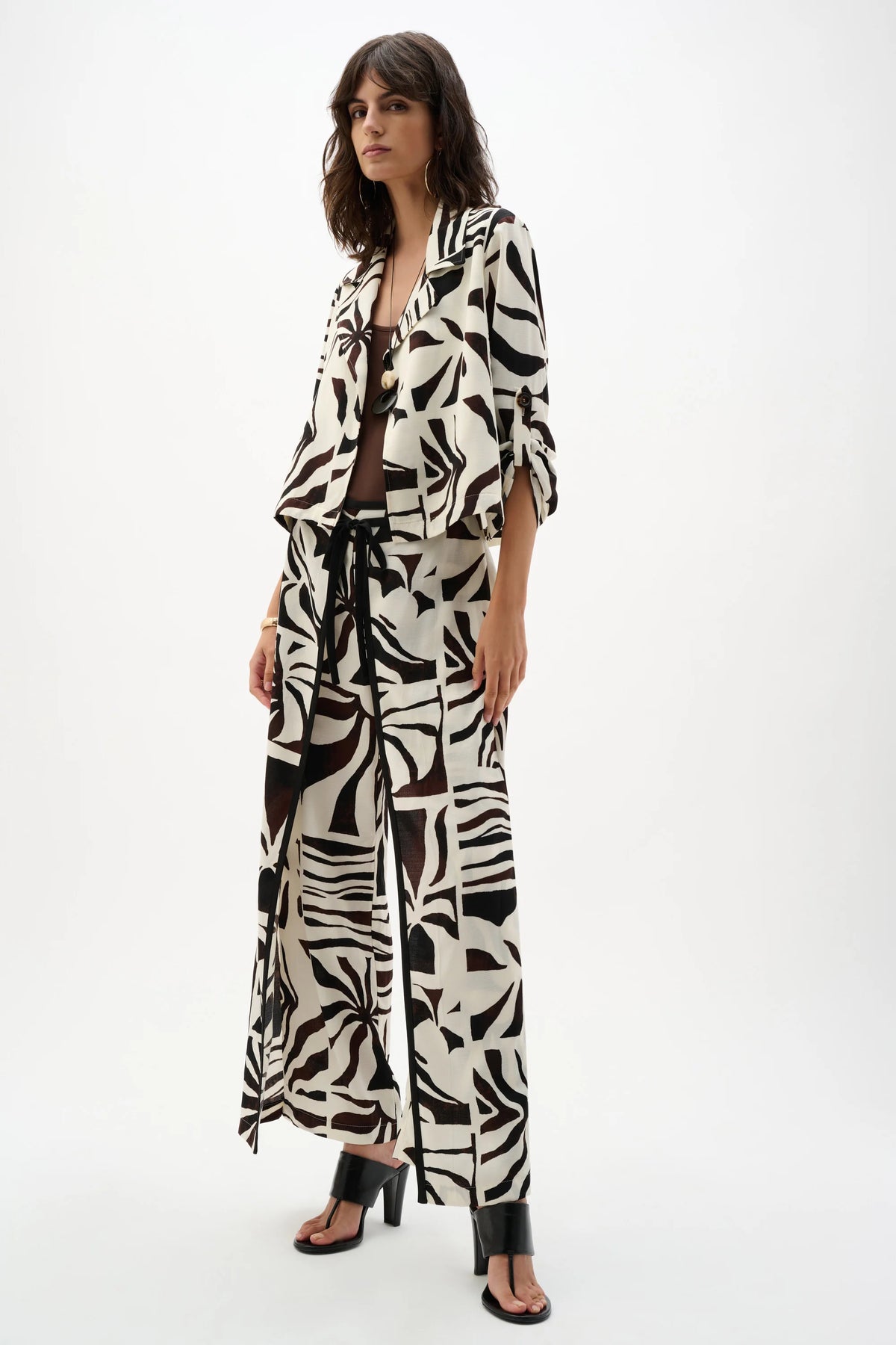 Joseph Ribkoff Beige/Multi Woven Gauze Tropical Print Wide Leg Pants