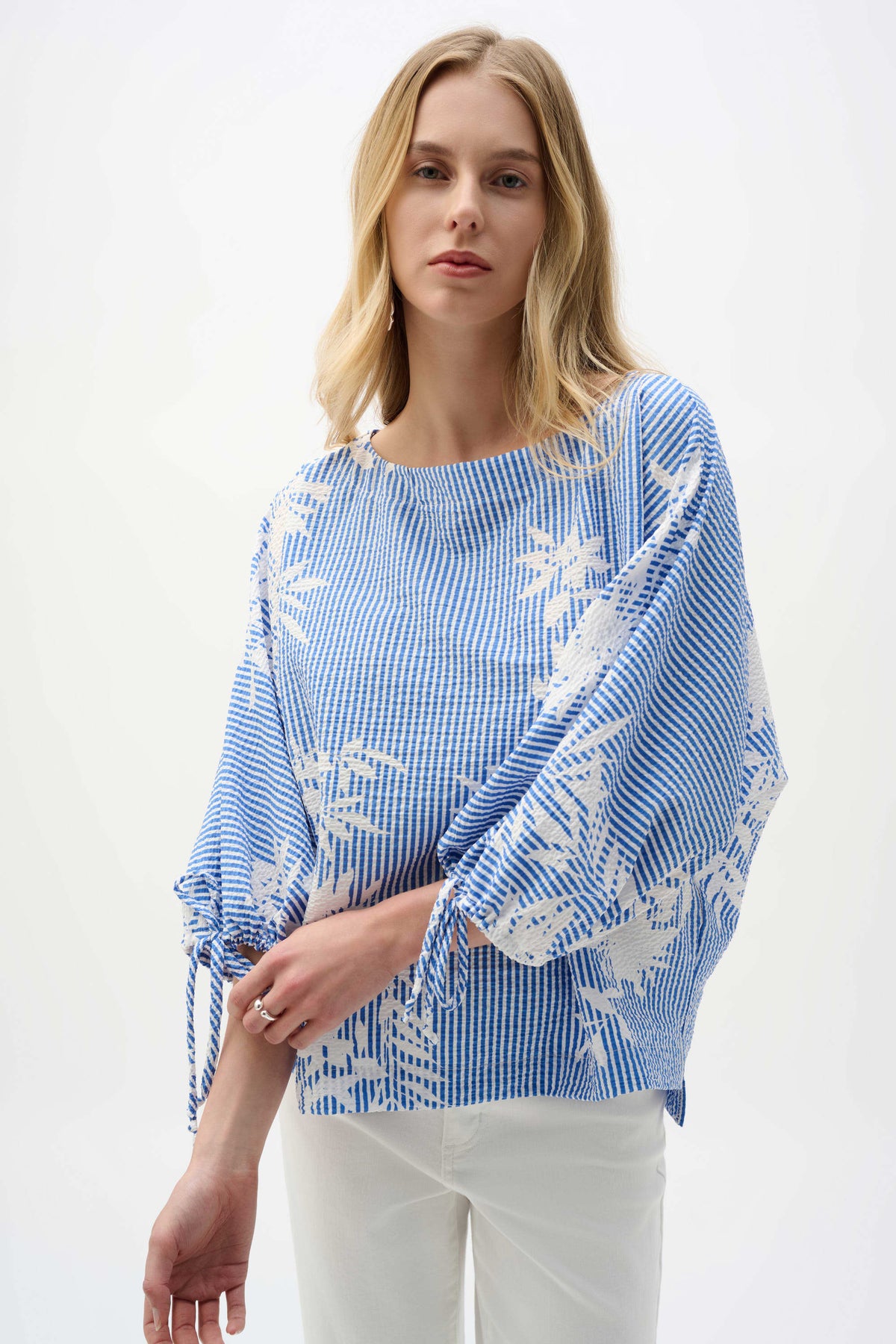 Joseph Ribkoff Vanilla/Blue Woven Seersucker Floral Print Trapeze Top