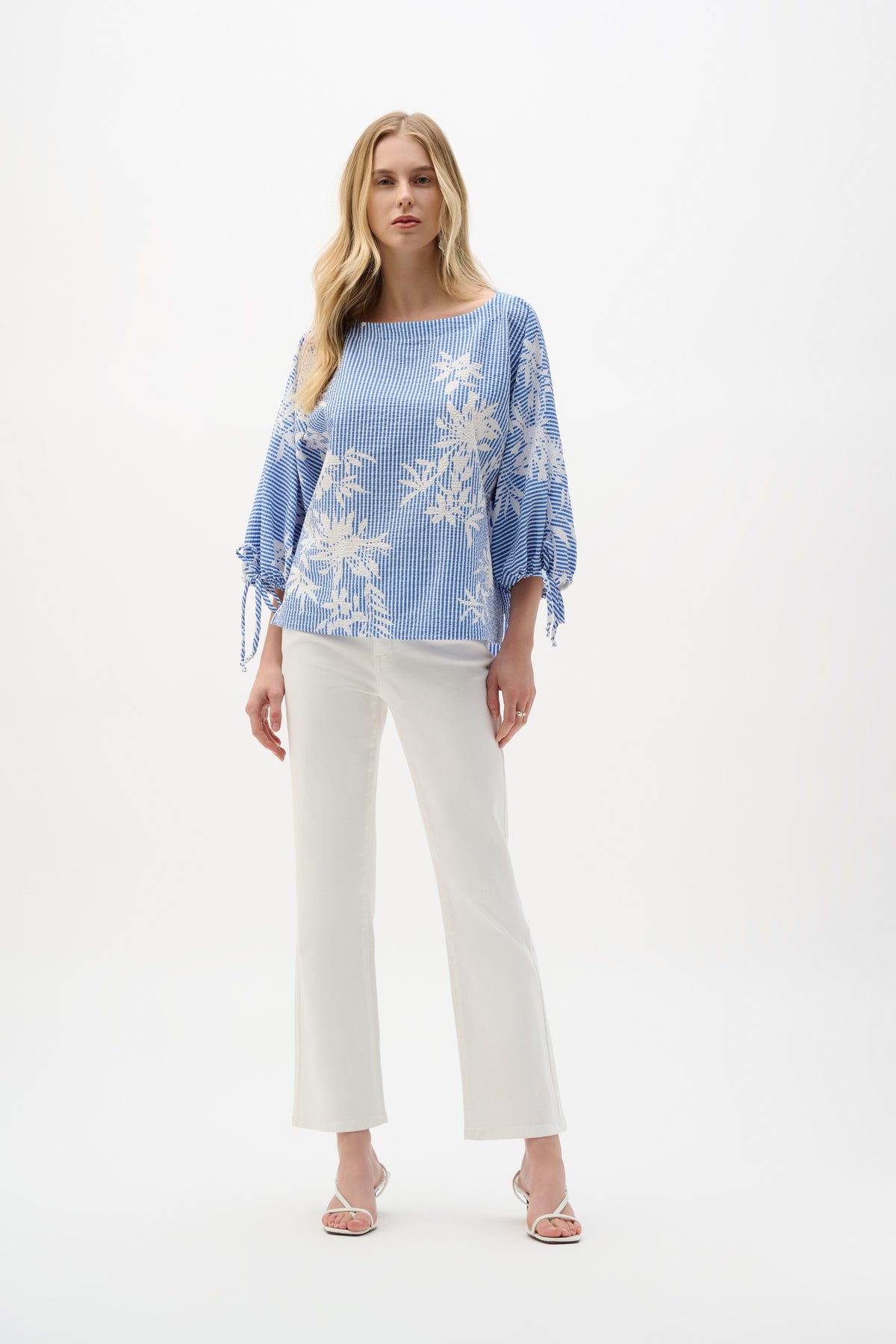 Joseph Ribkoff Vanilla/Blue Woven Seersucker Floral Print Trapeze Top