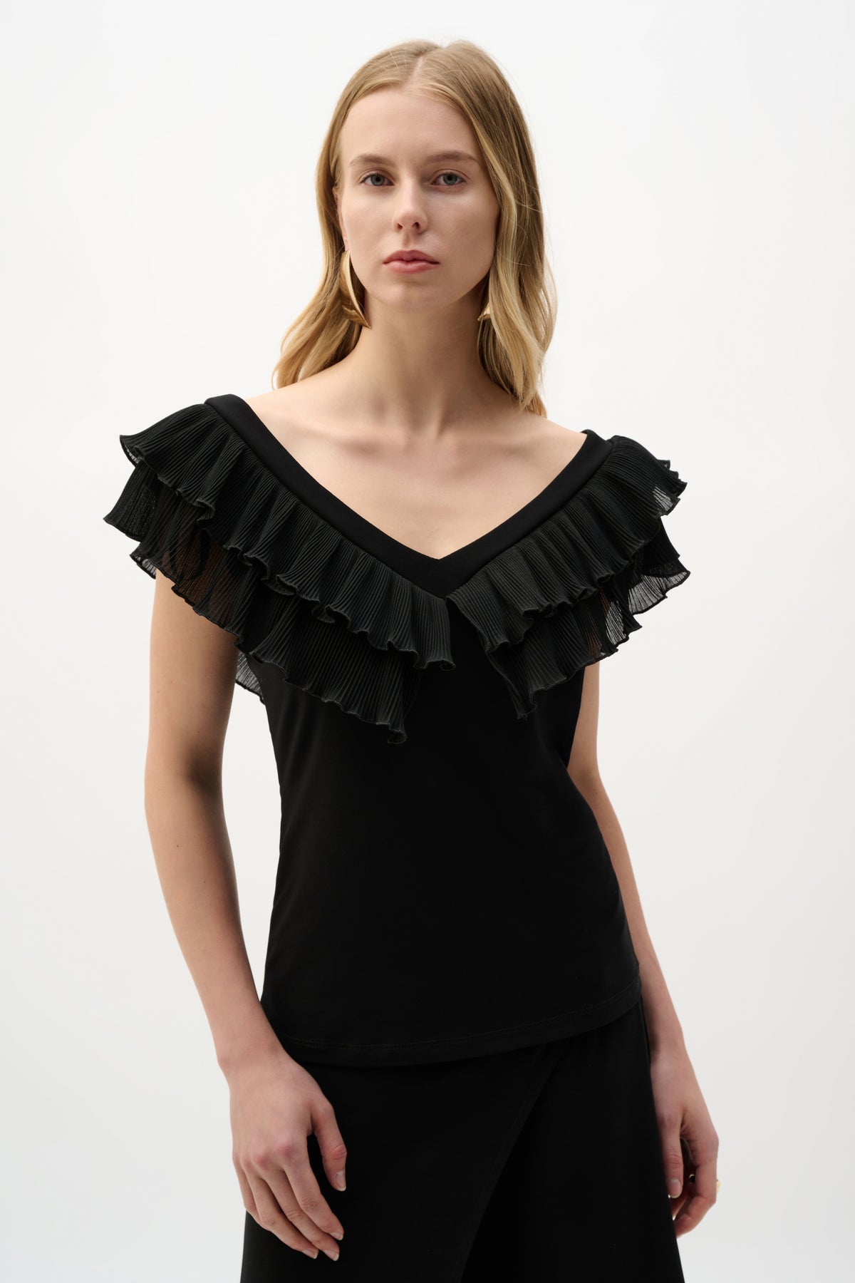 Joseph Ribkoff Black Silky Knit And Georgette Fitted Top With Pleats