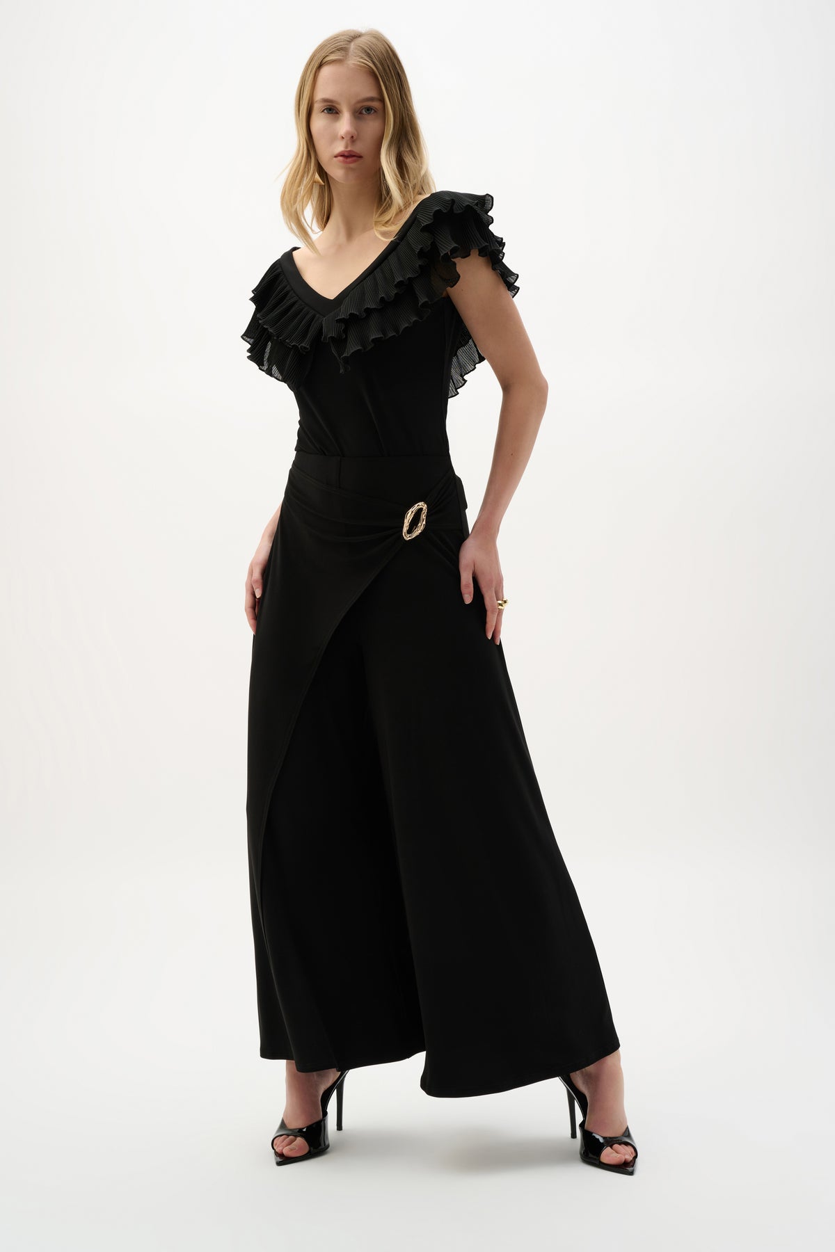 Joseph Ribkoff Black Silky Knit And Georgette Fitted Top With Pleats