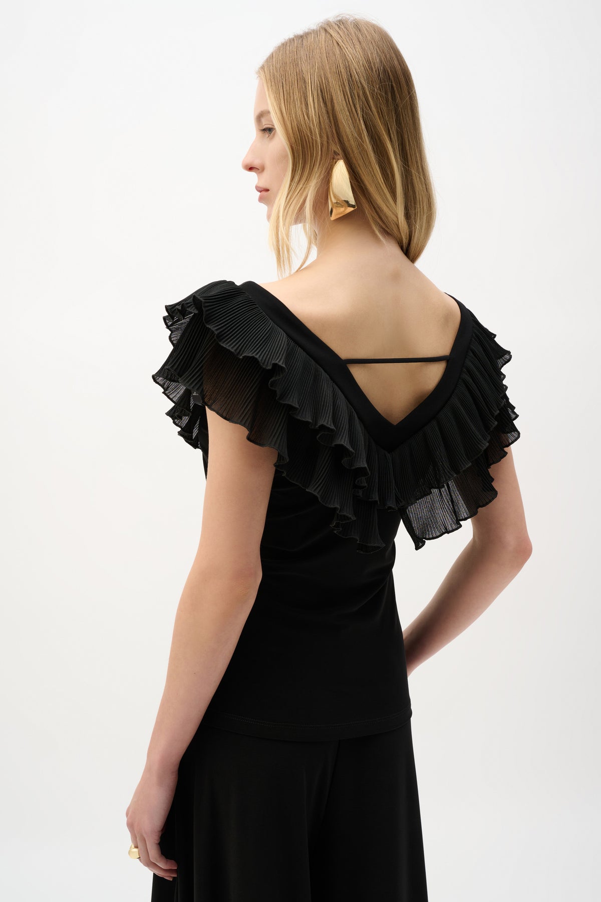Joseph Ribkoff Black Silky Knit And Georgette Fitted Top With Pleats