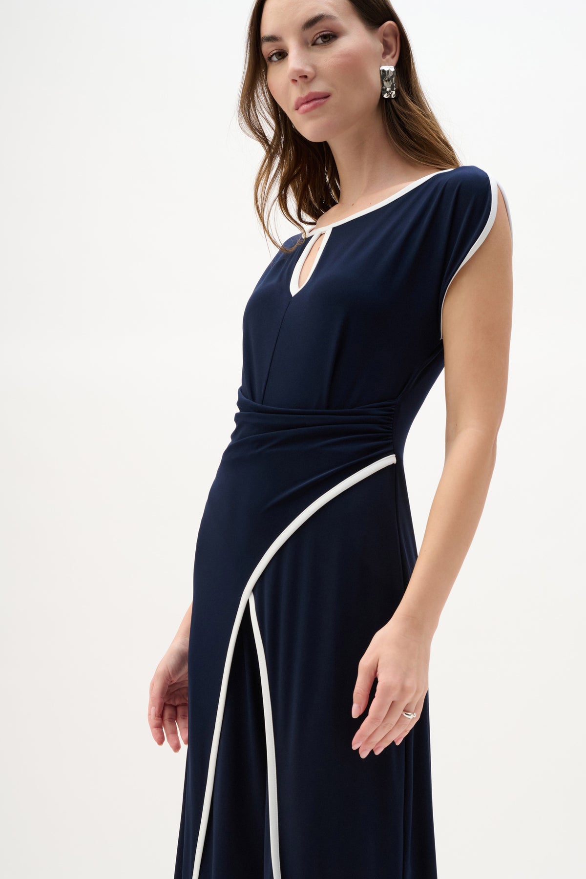 Joseph Ribkoff Midnight Blue/Vanilla Silky Knit Culotte Jumpsuit With Draped Bodice