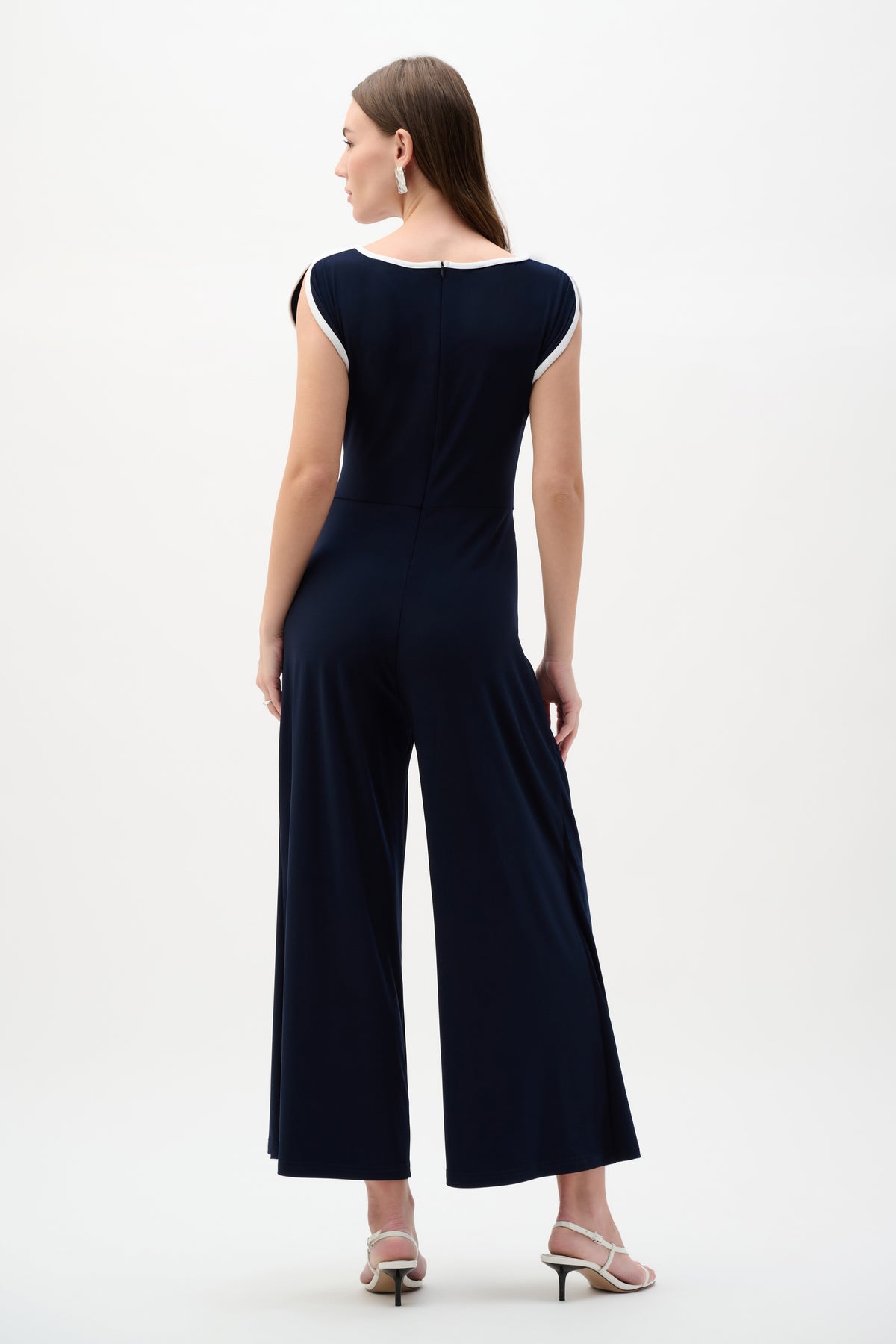 Joseph Ribkoff Midnight Blue/Vanilla Silky Knit Culotte Jumpsuit With Draped Bodice