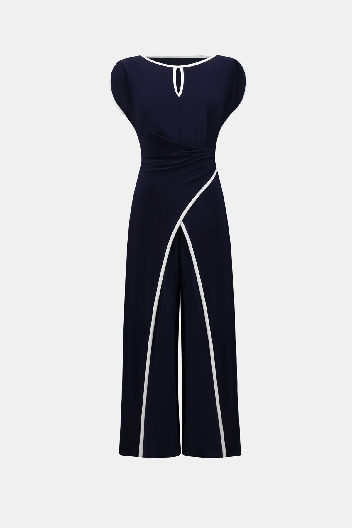 Joseph Ribkoff Midnight Blue/Vanilla Silky Knit Culotte Jumpsuit With Draped Bodice