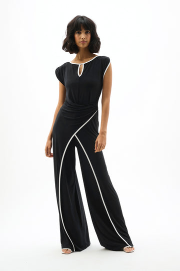 Joseph Ribkoff Black/Vanilla Silky Knit Culotte Jumpsuit With Draped Bodice