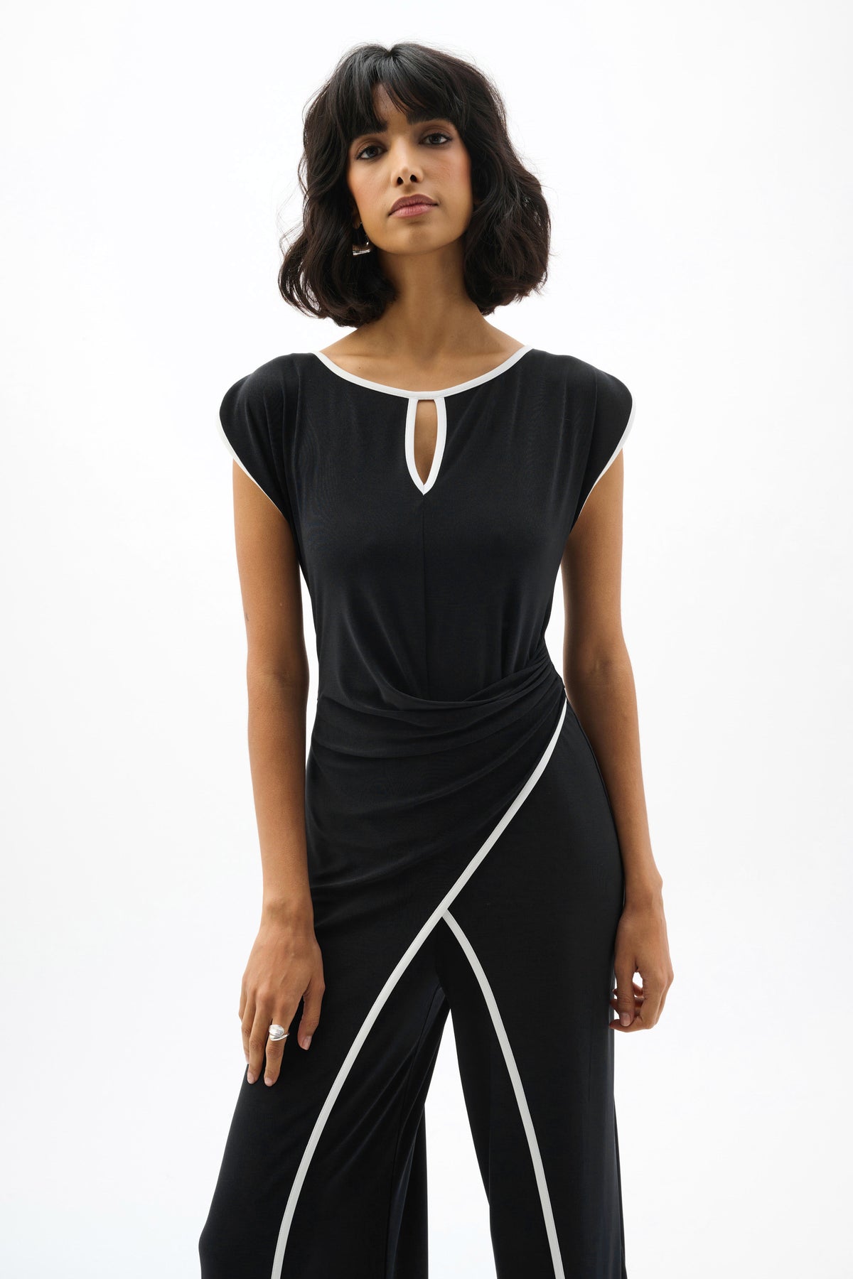 Joseph Ribkoff Black/Vanilla Silky Knit Culotte Jumpsuit With Draped Bodice