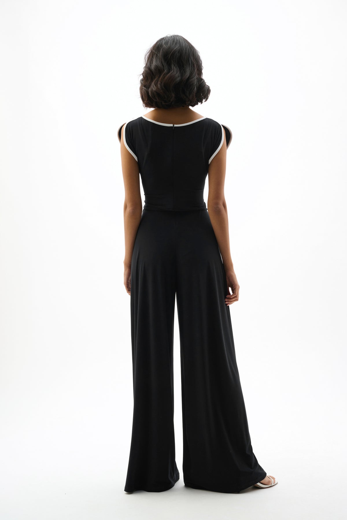 Joseph Ribkoff Black/Vanilla Silky Knit Culotte Jumpsuit With Draped Bodice