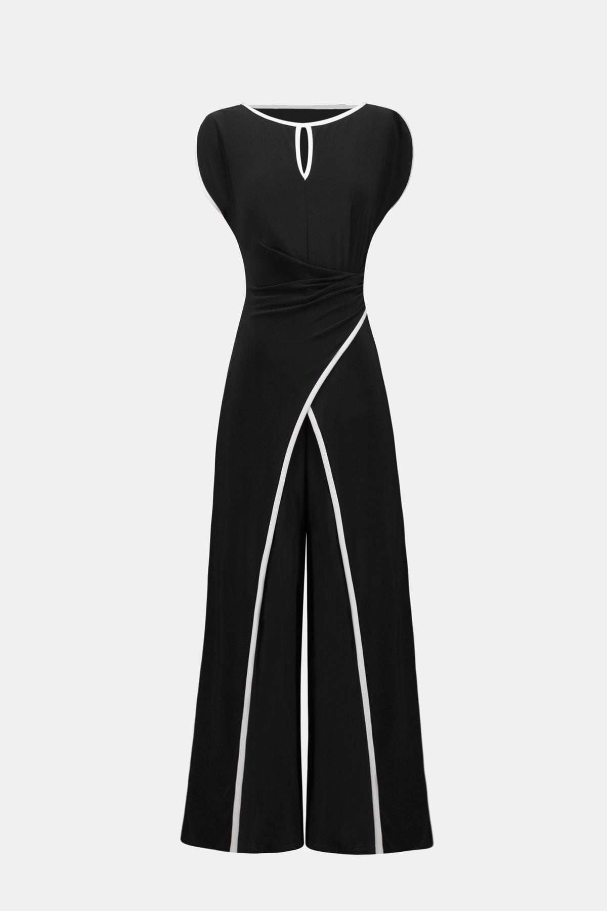 Joseph Ribkoff Black/Vanilla Silky Knit Culotte Jumpsuit With Draped Bodice