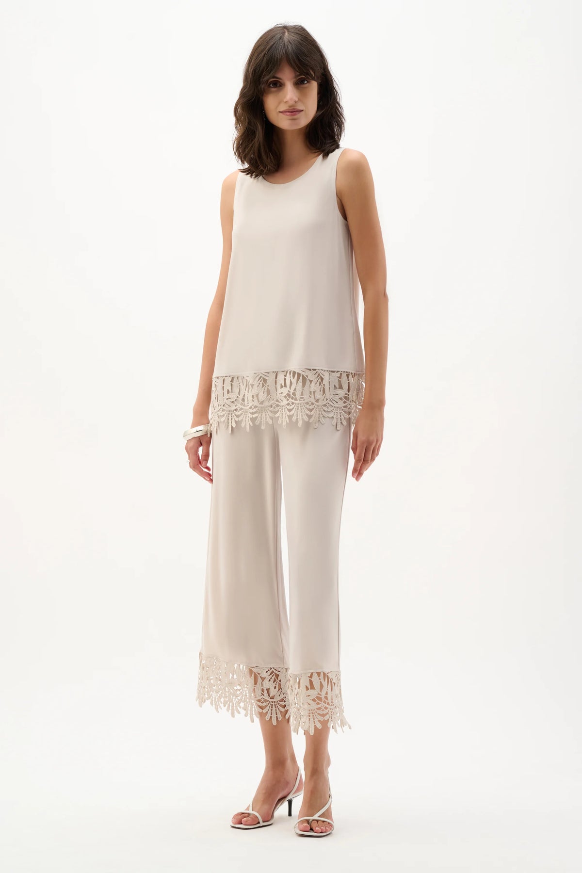 Joseph Ribkoff Moonstone Silky Knit Sleeveless Top With Guipure Lace Hem