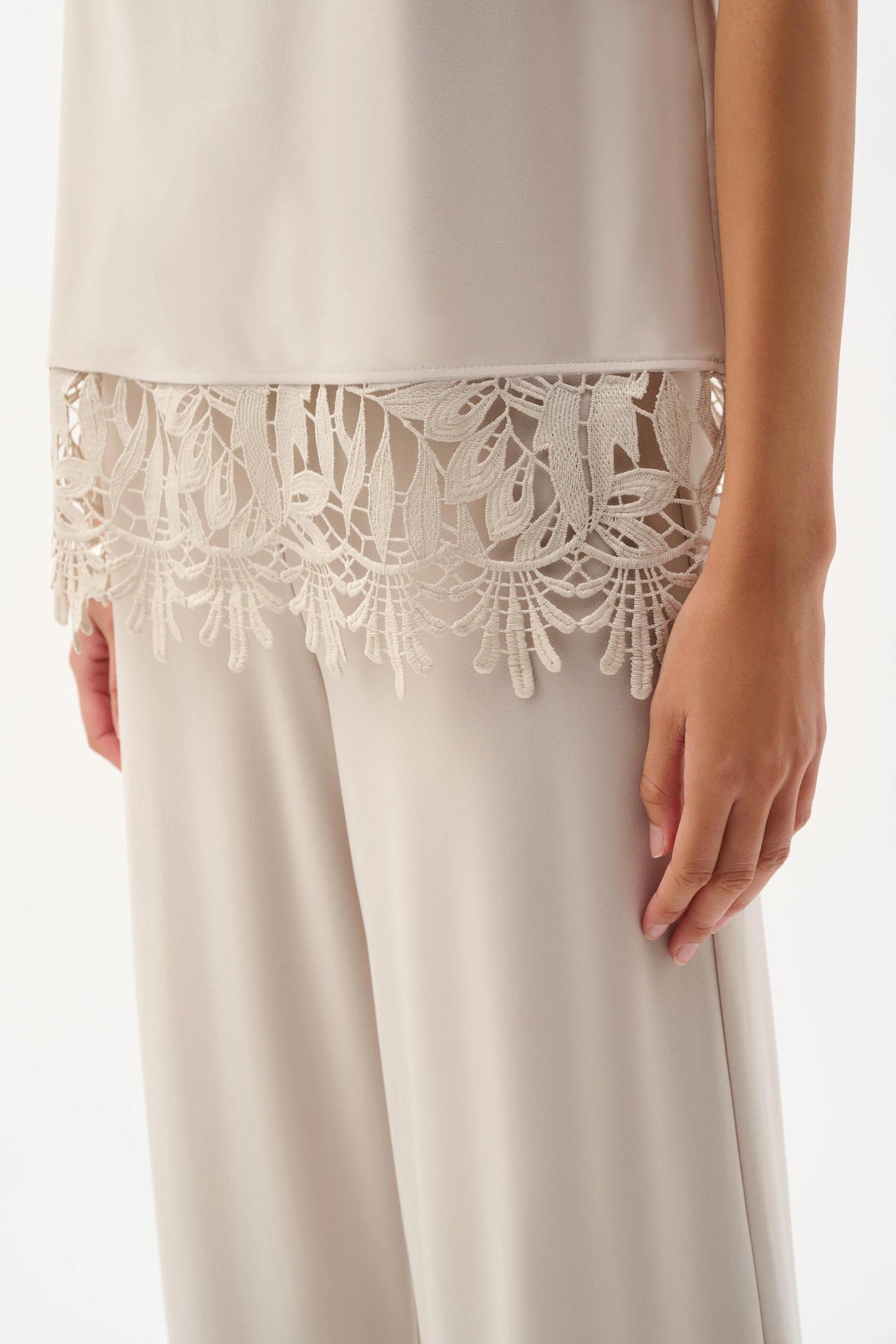 Joseph Ribkoff Moonstone Silky Knit Sleeveless Top With Guipure Lace Hem