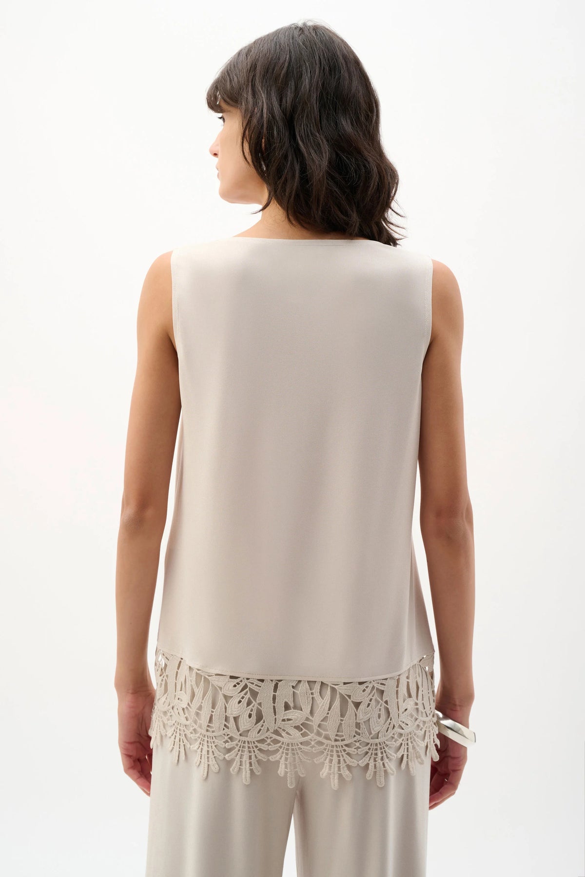 Joseph Ribkoff Moonstone Silky Knit Sleeveless Top With Guipure Lace Hem