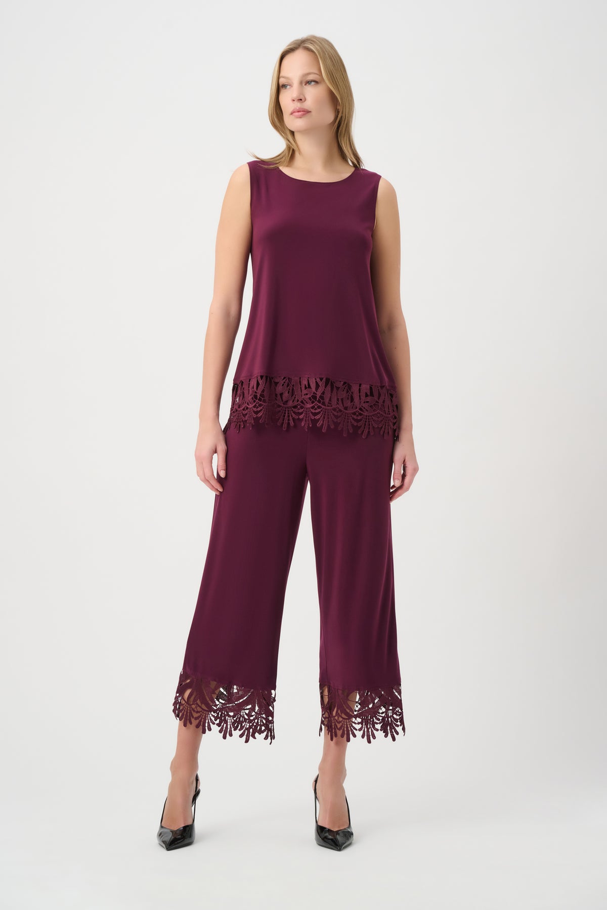 Joseph Ribkoff Elderberry Lace Hem Sleeveless Top